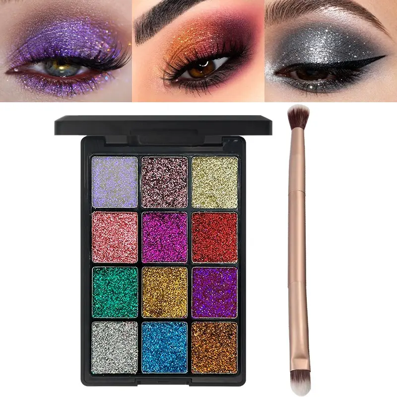 2-Piece Set 12-Color Glitter Eyeshadow Palette with Dual-Ended Brush, Long-Lasting Waterproof, Professional Makeup for Kids, Parties, Daily Use