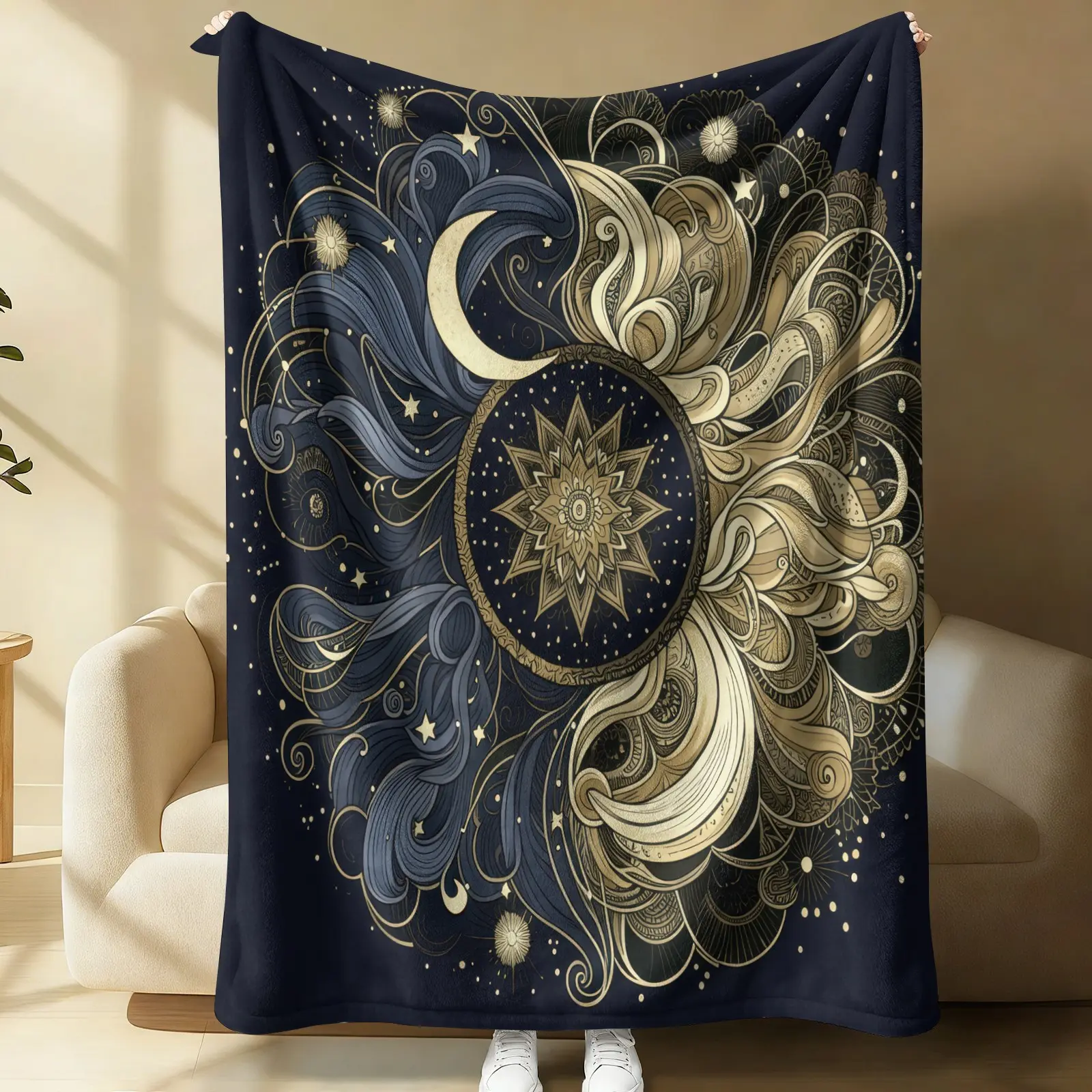 Celestial Sun Moon Mandala Star & Crescent Flannel Blanket, Cosmic Galaxy Warm Blanket for Witchy Teens, Soft Retro Boho Spiritual Style Gift Blanket, Cozy for Couch Bed Sofa
