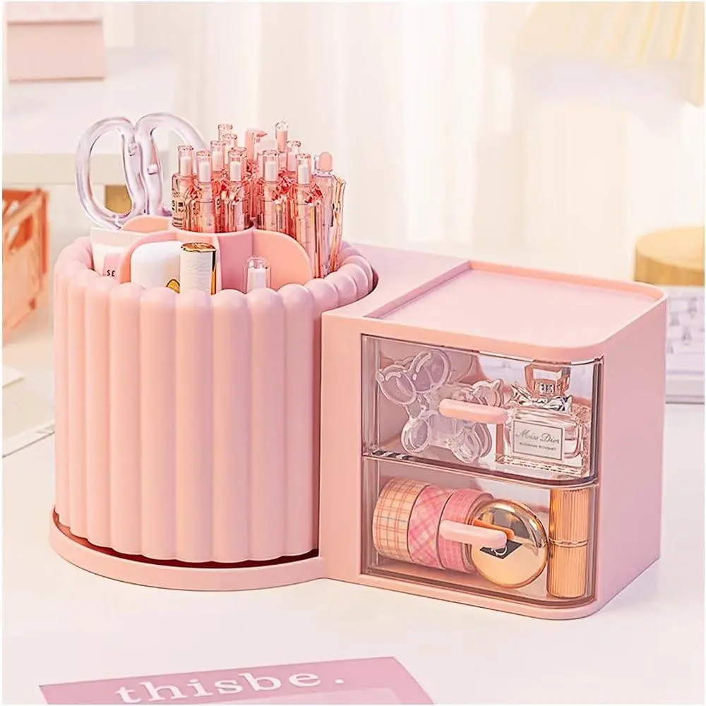 360-Degree Smooth Rotate Synthetic Compact Modern Preppy Look Countertop Makeup Organizer with 2 Drawers, Makeup Brush Holder, 9.25x5.11 in