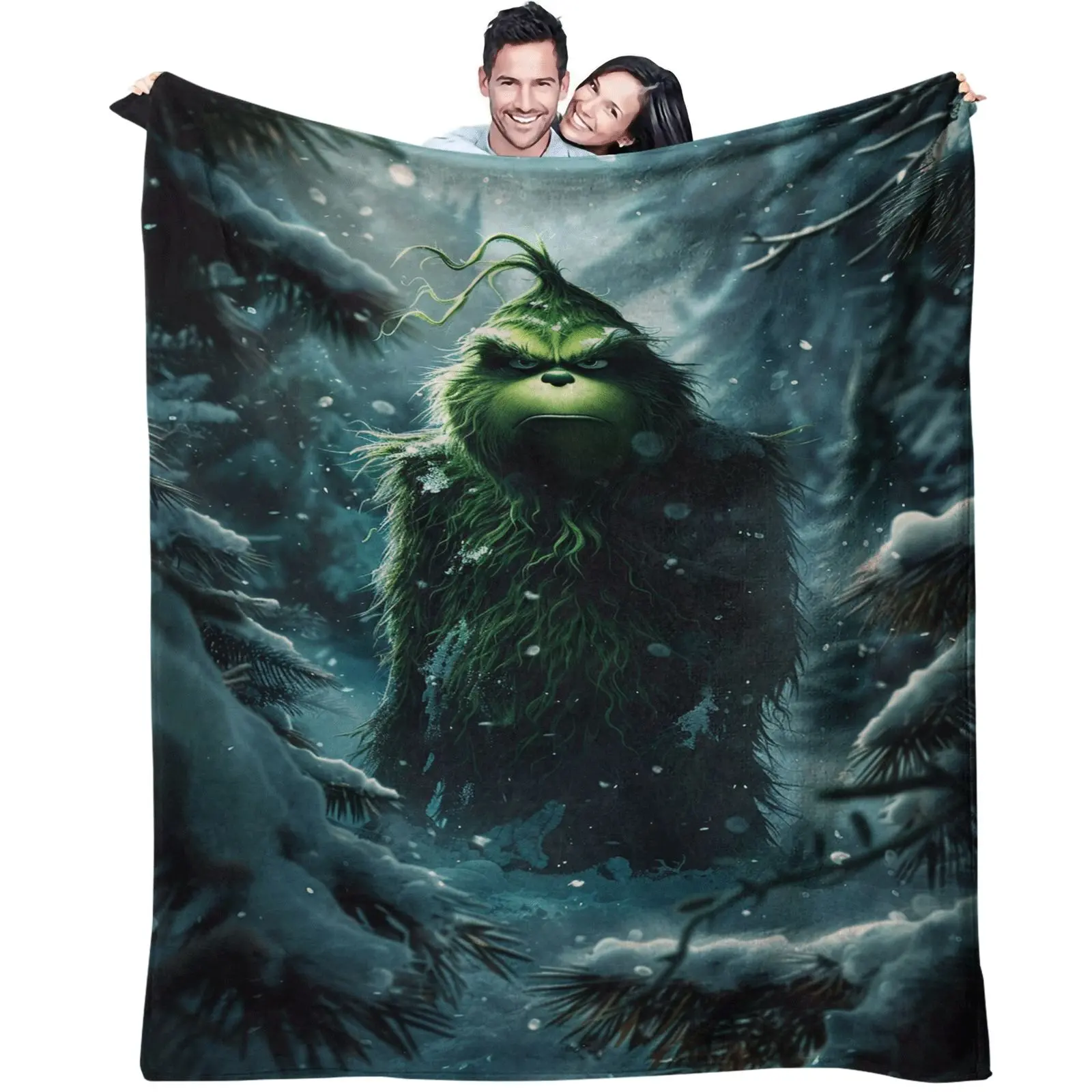 1PC Grinch Christmas Throw Blanket, Super Soft Milk Fleece & Flannel Blanket, 300GSM Anti-Static All-Season Blanket for Bed Sofa Couch Office Travel, Lightweight Warm, Machine Washable Non-Fading Ideal Holiday Gift