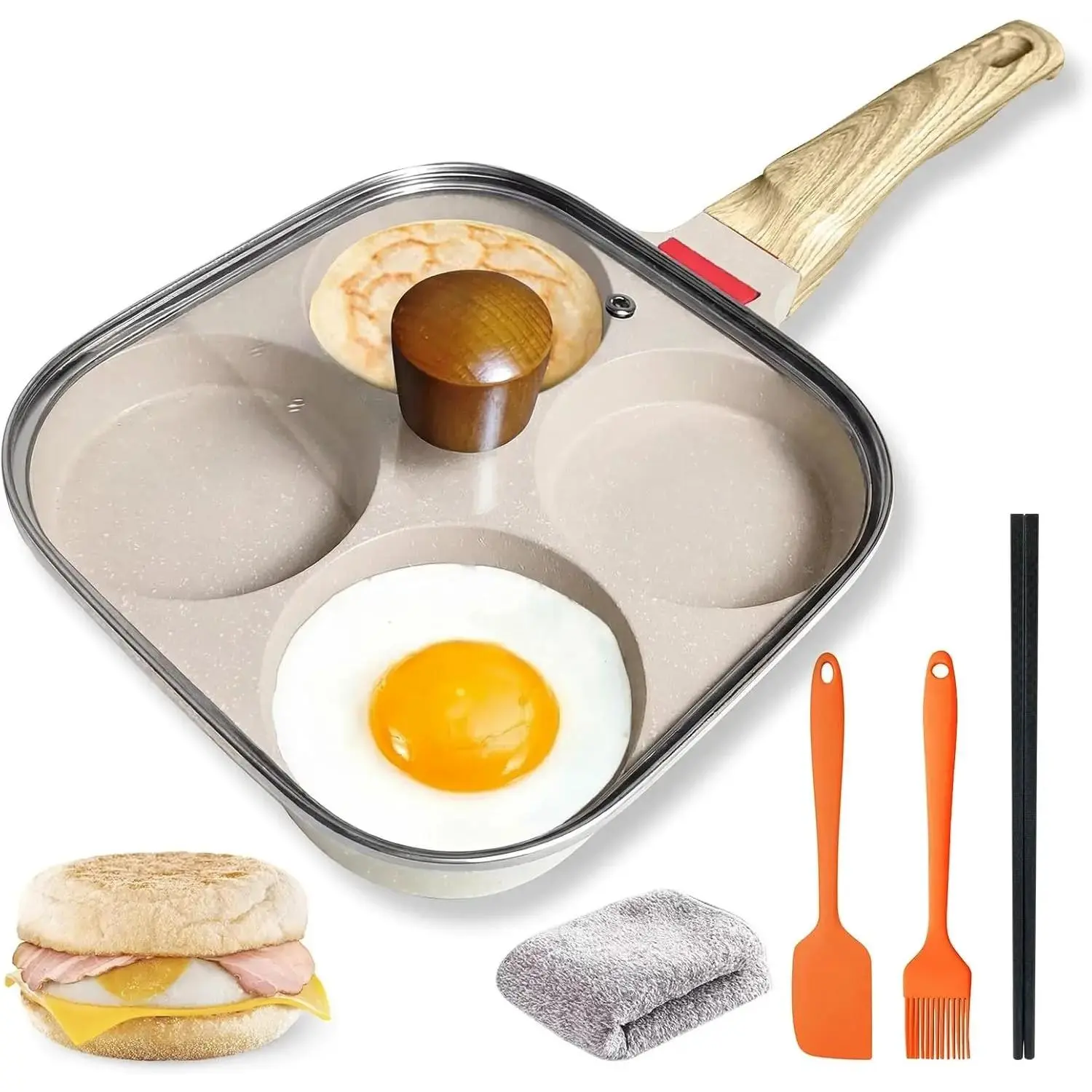 4‑Cup Nonstick Egg Pan Set with Lid – Aluminum Omelette Skillet for Breakfast, Includes Silicone Scraper, Oil Brush, Chopsticks & Cleaning Cloth – Compatible with Gas & Induction Cooktops (White)