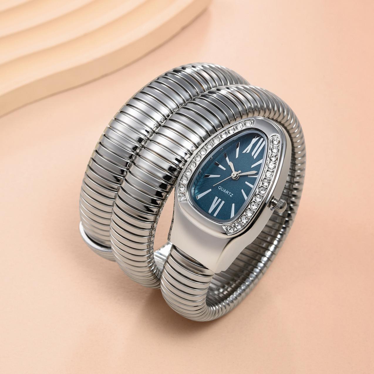 Women's Luxury Gold Snake Bangle Quartz Watch - Wrap Around Wristwatch with Crystal Diamond Bezel, Mother of Pearl Dial, Roman Numerals, Elegant Retro Statement Timepiece, Perfect Gift for Her