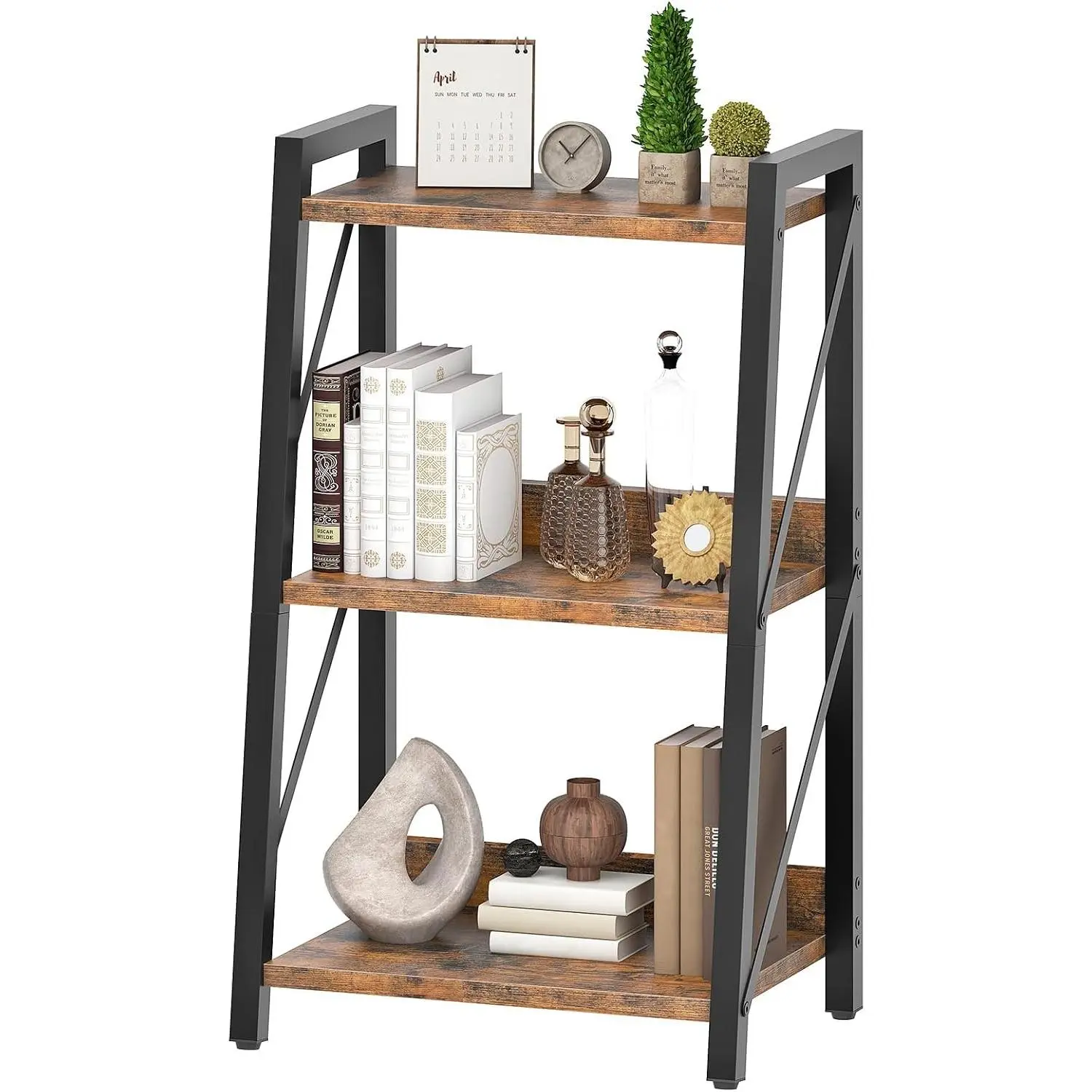 Ladder Shelf, 3-Tier Bookshelf, Corner Bookcase, Small Bookshelf with Metal Frame, for Living Room, Bedroom, Home Office, Kitchen, Rustic Brown and Black BF303CJ01
