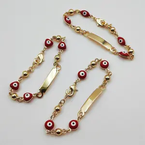 Women's Gold Plated Red Enamel Evil Eye Motif Heart Shape Bead Bracelet with Blank Engraving Bar, Stackable Chain, Unisex Wear, Trendy Costume Jewelry for Wrist Accessorizing