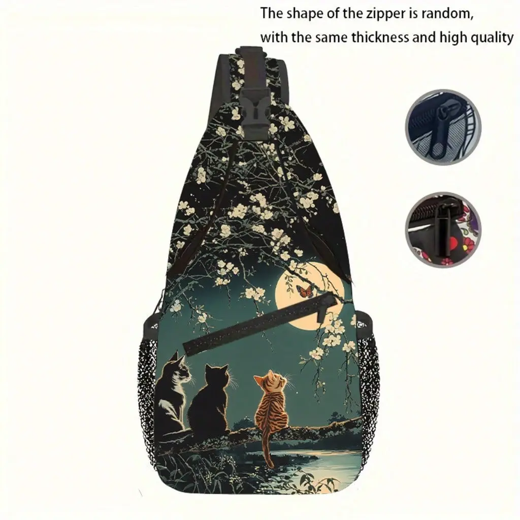 Vintage Moon Cat Print Crossbody Sling Bag, Lightweight Waterproof Unisex Casual Chest Pack for Travel and Outdoor Sports