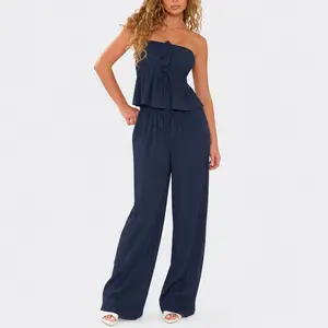 Women's Strapless Two Piece Set, Elegant Tube Top Wide Leg Pants Co Ord Set, Minimalist Summer Outfit for Vacation, Beach, Date Night & Casual Chic Womenswear