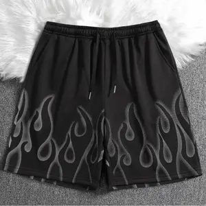 Men’s Retro Flame Print Shorts – Summer Drawstring Bermuda Shorts, Streetwear Casual Athletic Mid-Length Shorts, Athleisure Shorts, Stylish