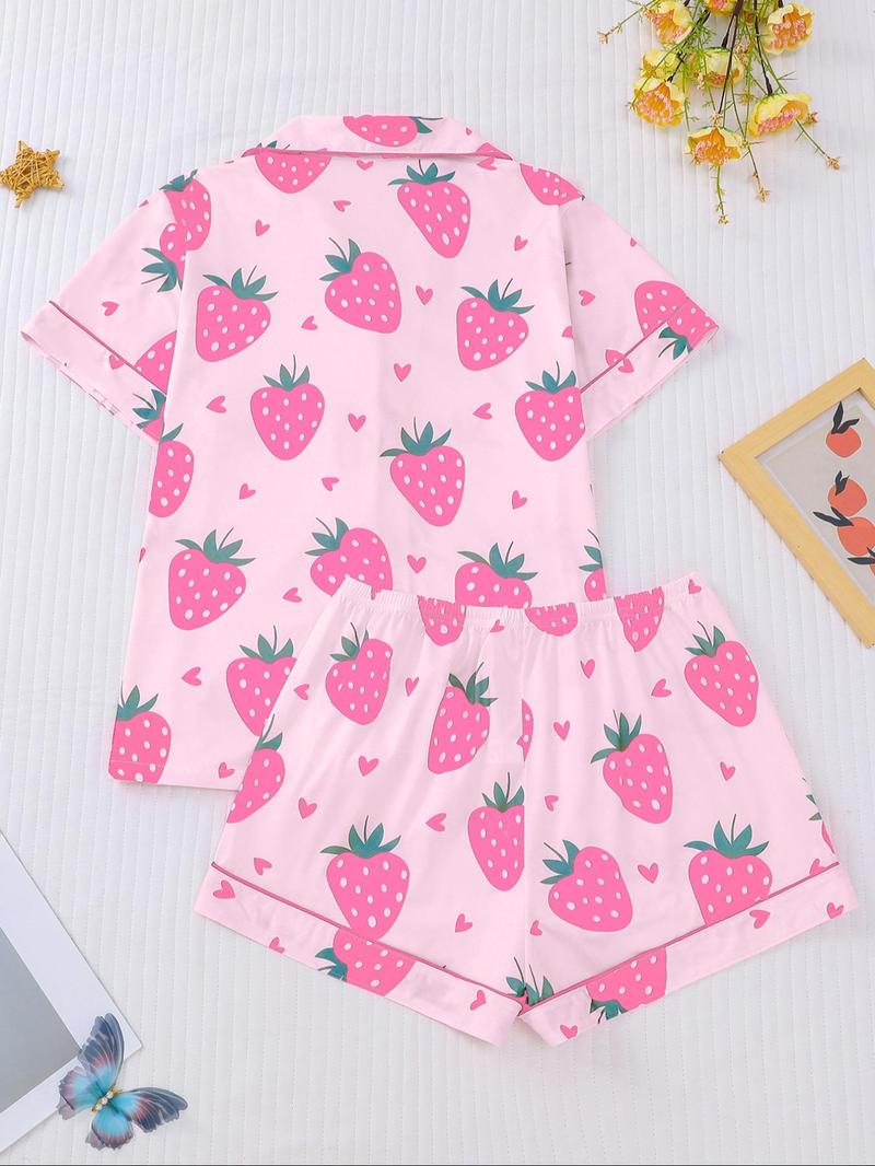 Women's All Over Strawberry Print Short Sleeve Pajama Two-Piece Set, Regular Fit Comfy Button Front Chest Pocket Lapel Neck Top & Elastic Waist Shorts, Sleepwear for All Seasons, Nightwear Sleepwear Homewear
