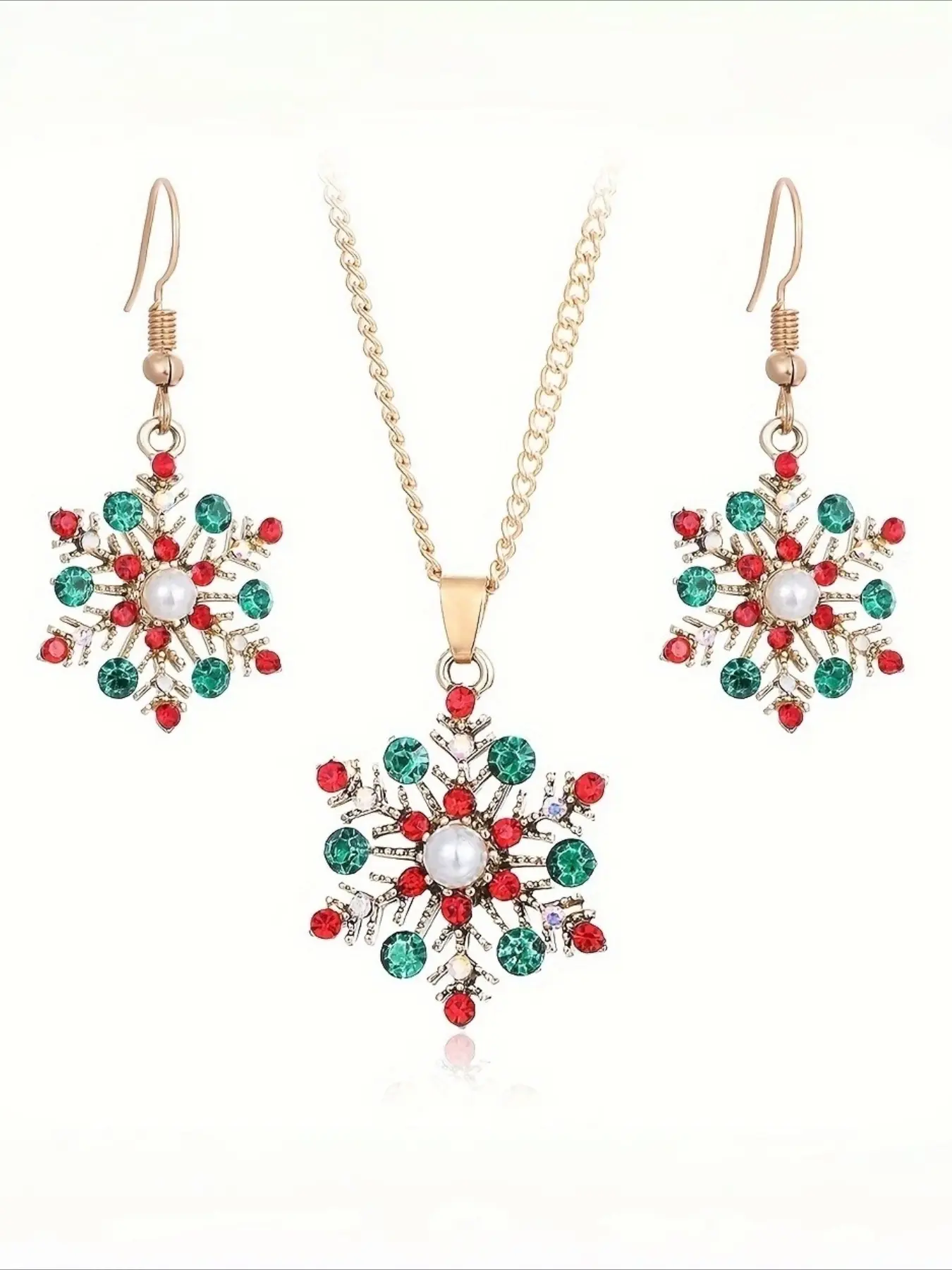 3pcs Snowflake Necklace and Earrings Jewelry Set with Red-Green Snowflakes and Faux Pendant, a Delicate Christmas Gift