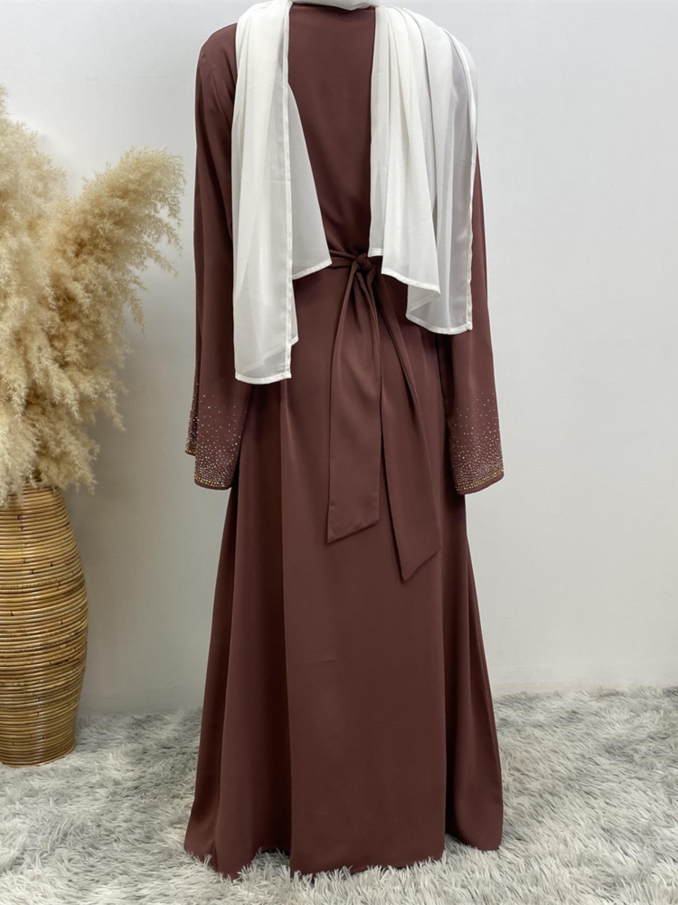 Women's Glitter Rhinestone Embellished Belted, Long Sleeve Open Front Abayas for Eid, Women's Islamic Clothing for Spring & Fall Women's Glitter Rhinestone Embellished Belted, Long Sleeve Open Front Abayas for Eid, Women's Islamic Clothing for Spring & Fall