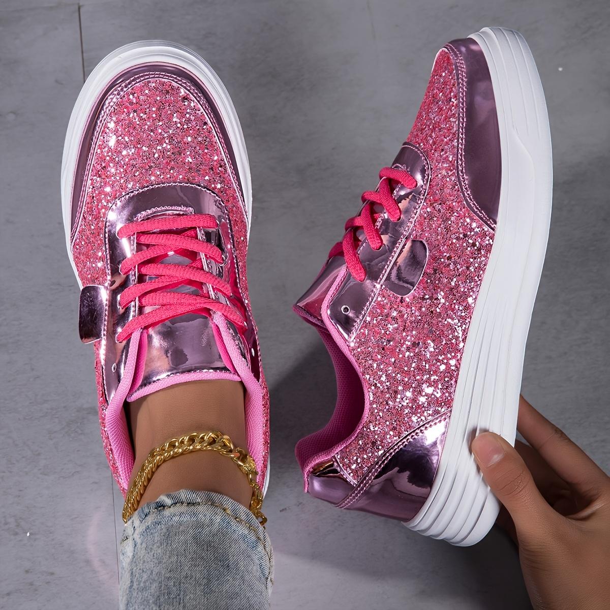 Women's fashion glossy sneakers with sparkling sequins, running shoes, street skate shoes, non-slip spring summer mesh breathable lace-up casual shoes, thick sole height incr dance shoes, lightweight soft sole low-top walking shoes