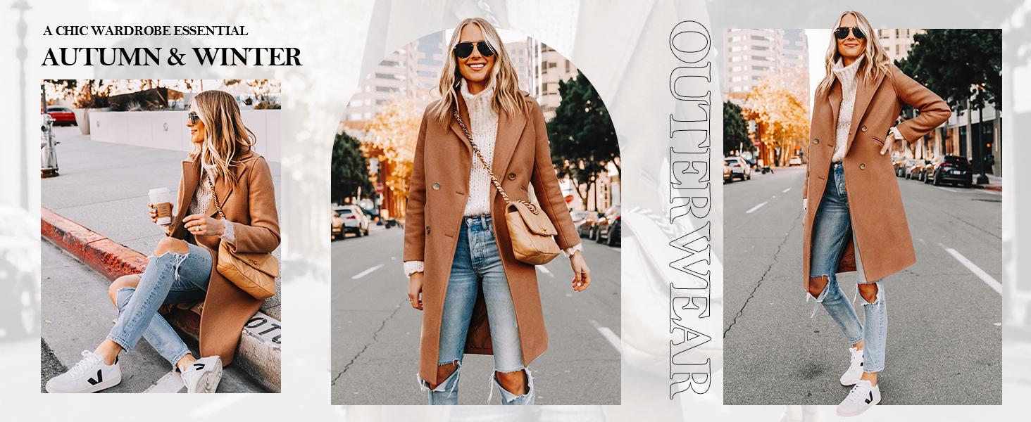 Yousify Womens Notched Lapel Collar Double Breasted Pea Coat Winter Wool Blend Overcoat Long Fitted Jacket with Pockets