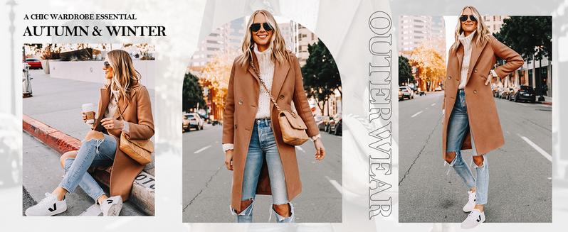 Yousify Womens Notched Lapel Collar Double Breasted Pea Coat Winter Wool Blend Over Coats Long Jackets