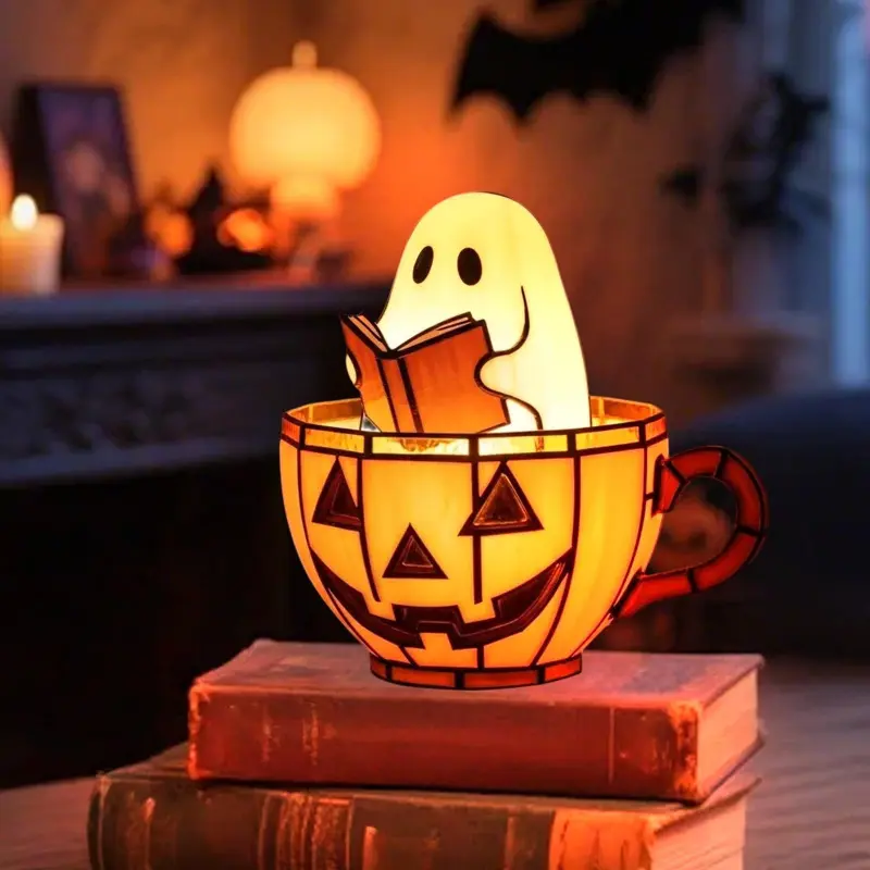 Halloween Ghost Tea Cup Lamp, Pumpkin Mug Resin Accent Light with Reading Figure for Tabletop Shelf Mantel Decor, Spooky Room Party Fall Home Display