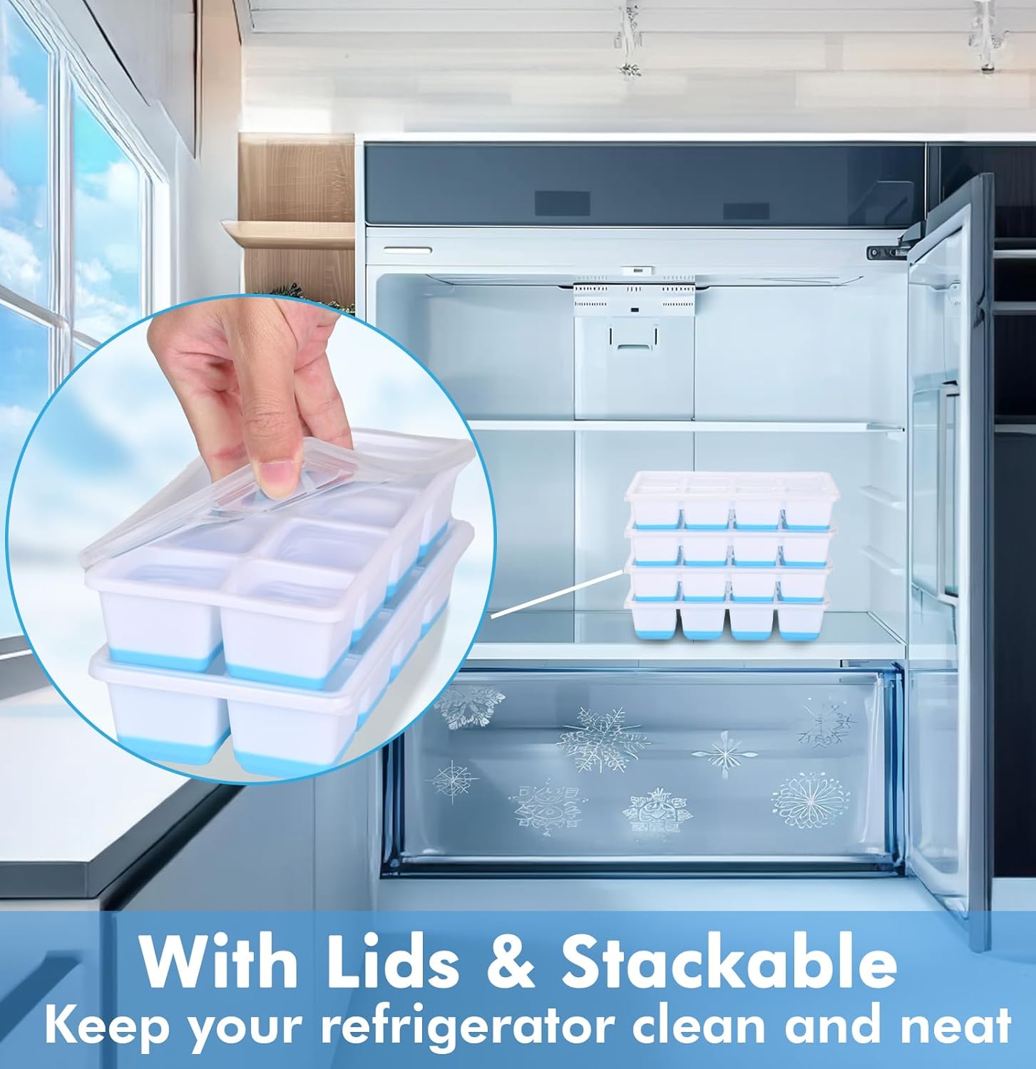 Large Ice Cube Trays with Lid,  2 Pack Stackable  Ice Cube Molds for Freezer, Easy Release 16 Big Square Ice Trays for   (Blue)