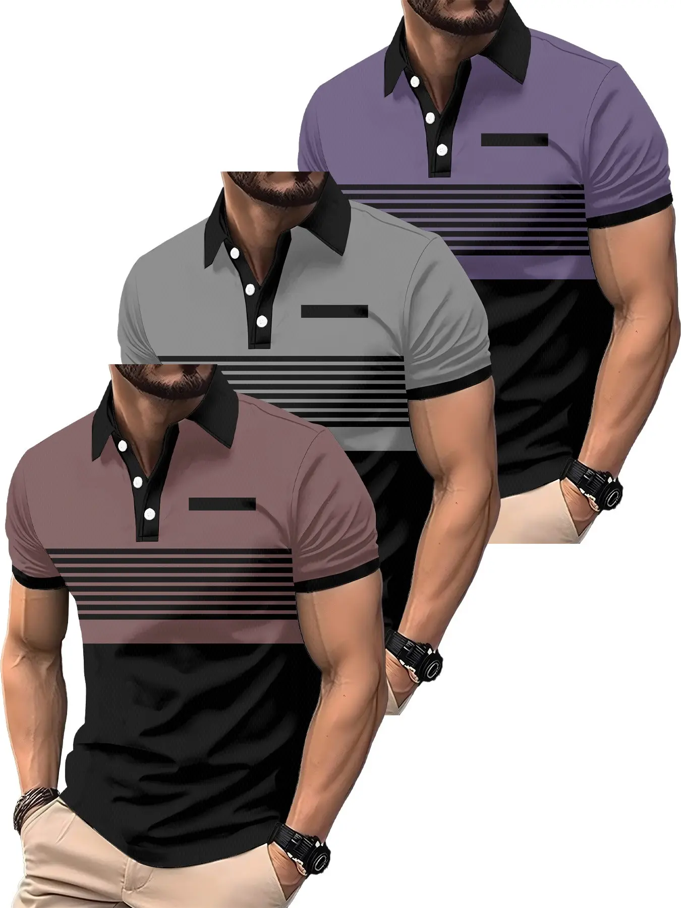 3-Pack Men's Summer Short Sleeve Casual Polo Shirts, Simple Pattern Print, Soft Comfortable Fabric, Breathable, Ideal for Outdoor Activities