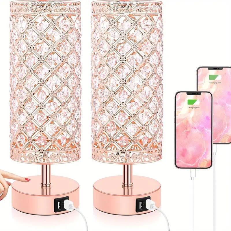 2 Pack/1 Pack Touch Control Crystal Table Lamps With 2 USB Ports, 3-Way Dimmable Bedside Nightstand Lamps With Decorative Crystal, Small Table Lamps For Bedroom Living Room, Office, Led Bulbs Included