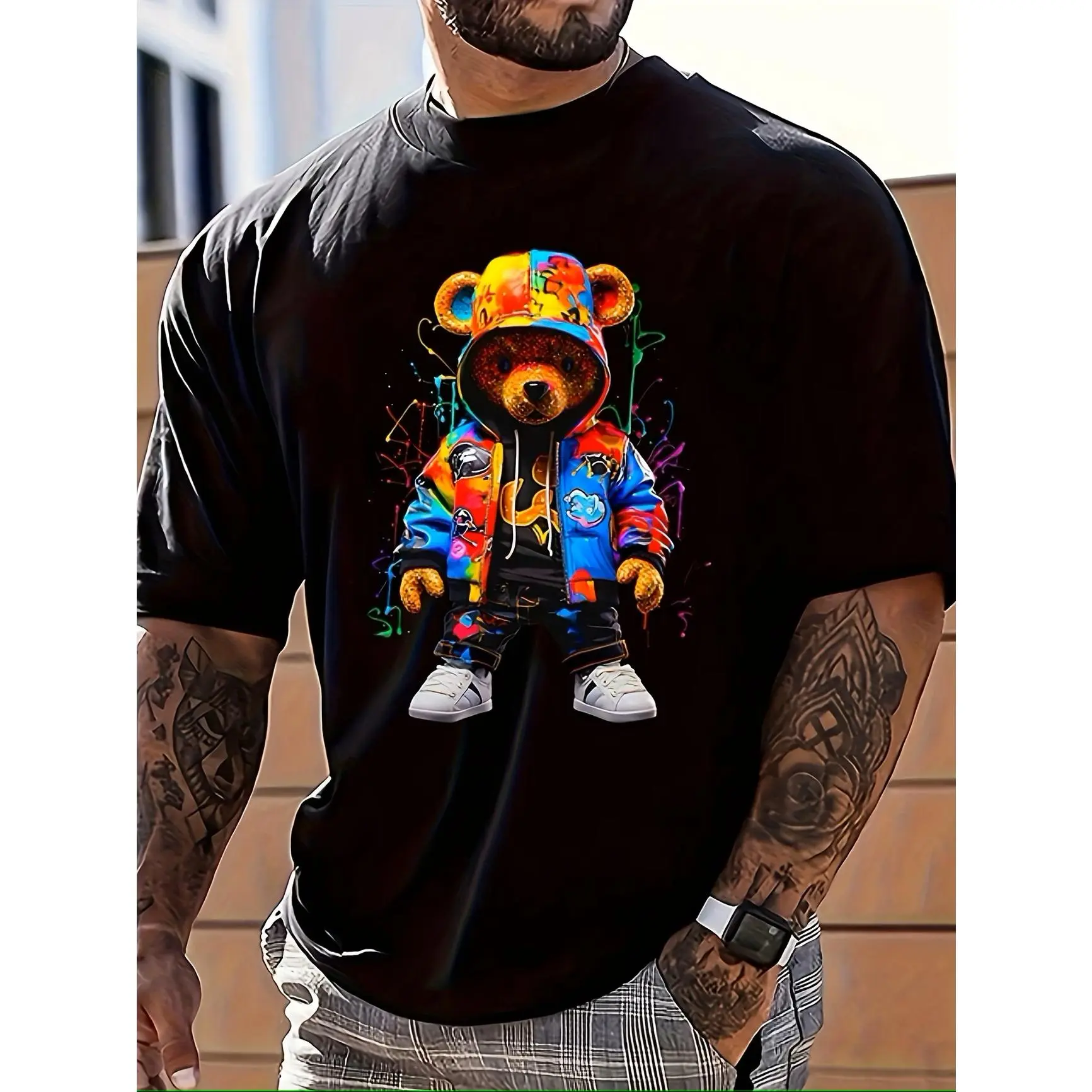 Menswear Graffiti Bear Graphic Oversized Cotton Short-Sleeve T-Shirt - Casual Comfy Tops, Hip Hop Fashion, Colorful Streetwear, Valentine Birthday Gift For Him Her