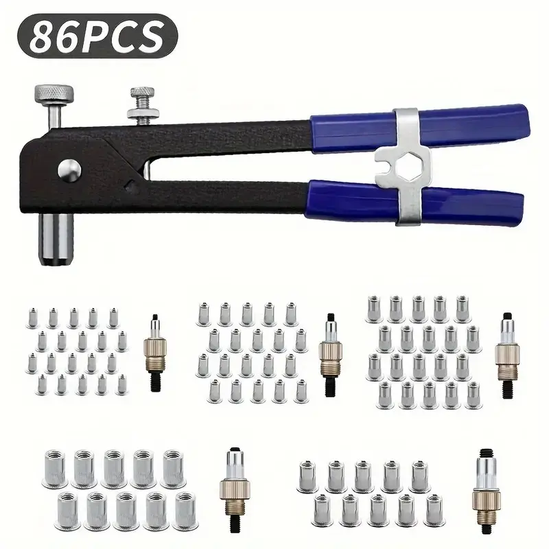 86-Piece Manual Heavy Duty Rivet Gun Set, Zinc Plated Nuts, Aluminum Screws, Hand Riveting Tools Kit, Essential Hardware Accessories
