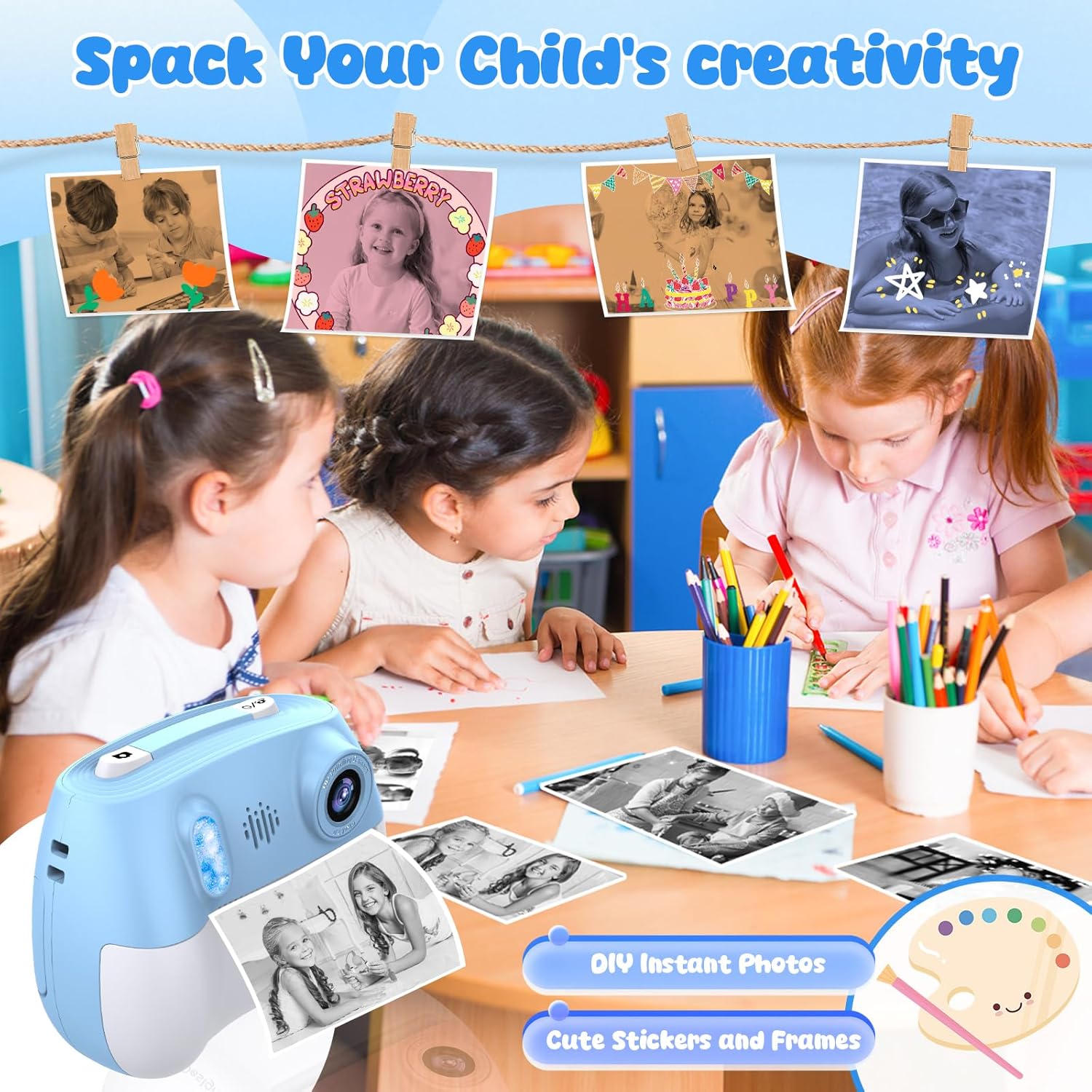 Camera Instant Print 1080P Front Rear Dual Selfie -  Digital Camera with Video , 32GB & 5-Color Print Paper/ 250 Photos,Easy to Use &  Toys Gifts for Boys Girls, Ages 3-12