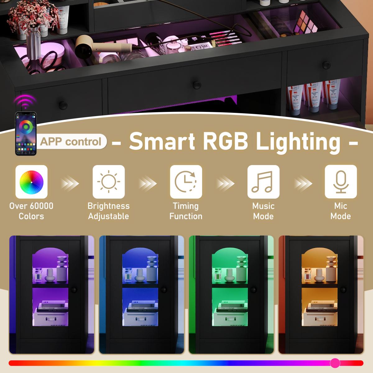 43.2" Vanity Desk with LED Mirror & Lights, Glass Top Vanity with RGB Light Cabinets, Dressing Table with 3 Drawers, Shelves & Stool – White/Black