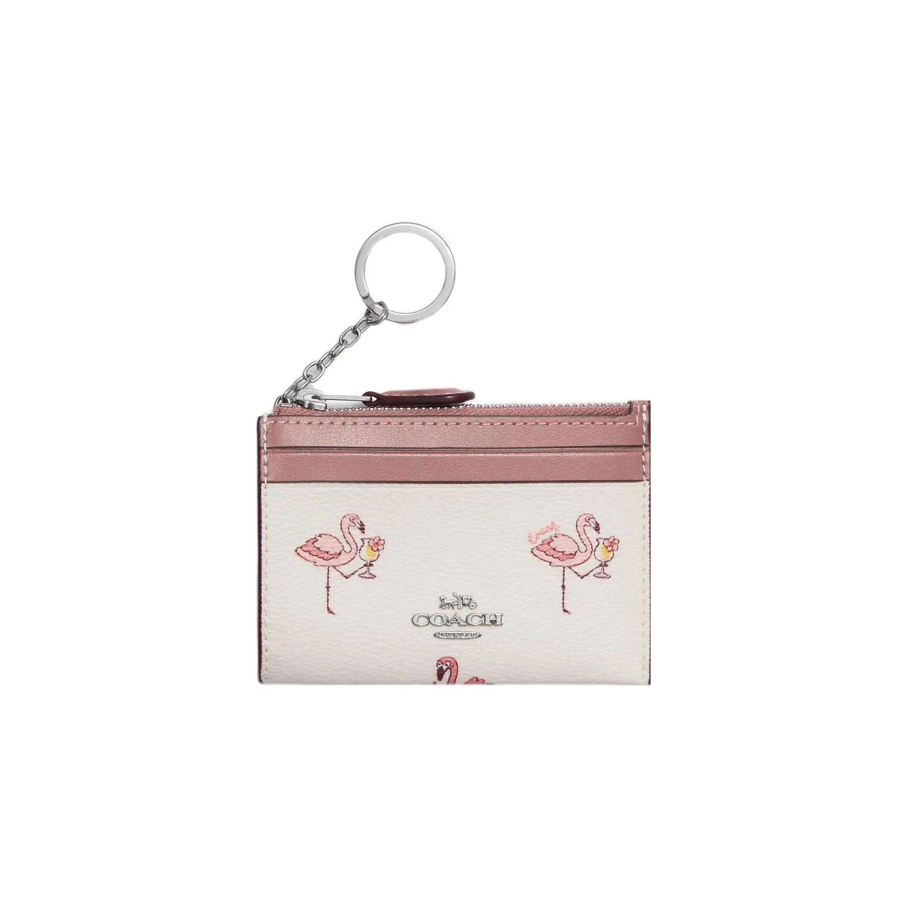 COACH Skinny ID Case 11 for Women – Flamingo-Print Zip Closure, Coated Canvas and Leather, Silver Logo, Light Pink