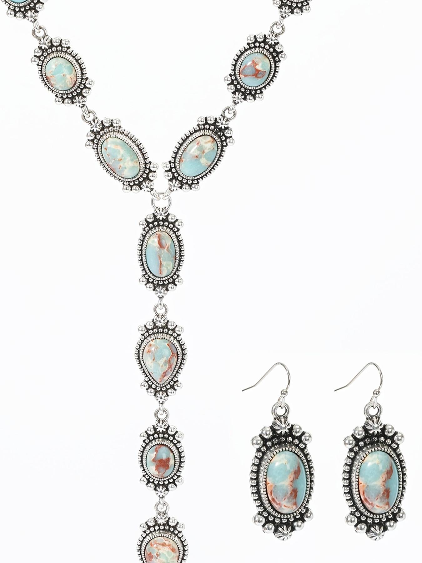 Boho Style Matching Jewelry Set, Vintage Fashion Long Necklace & Dangle Earrings, Trendy All-match & Exquisite Jewelry Set for Birthday Gift, Turquoise Jewelry Set