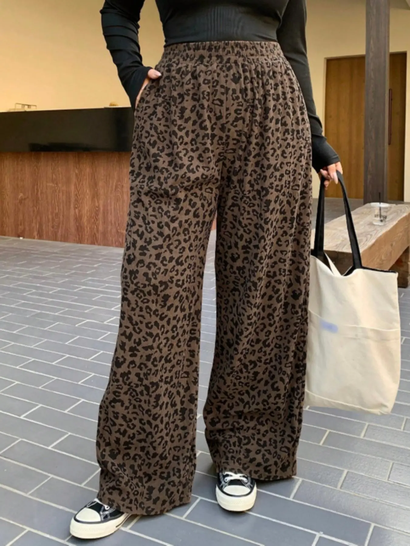 Leopard Corduroy WideLegPants Elastic High Waist Loose Oversized Slimming Trousers Side Pockets Retro Vintage Street Y2K Women Daily Casual Lounge Vacation Trendy Baggy Long Pants Bottom Fit