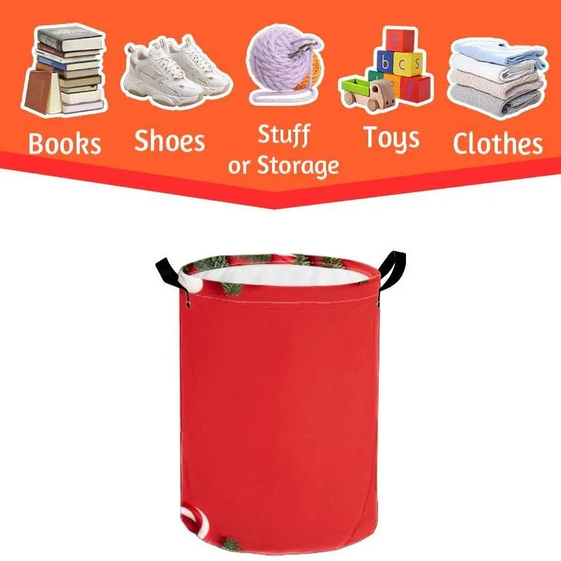 Festive Christmas Decorative Laundry Basket, Xmas Themed Pattern with Pine Branches, Candy Canes, Gift Boxes & Baubles Prints, Mixed Colors in Multiple Specifications Available, Ideal for Sorting & Storing Laundry in Bedroom, Bathroom & Laundry Room