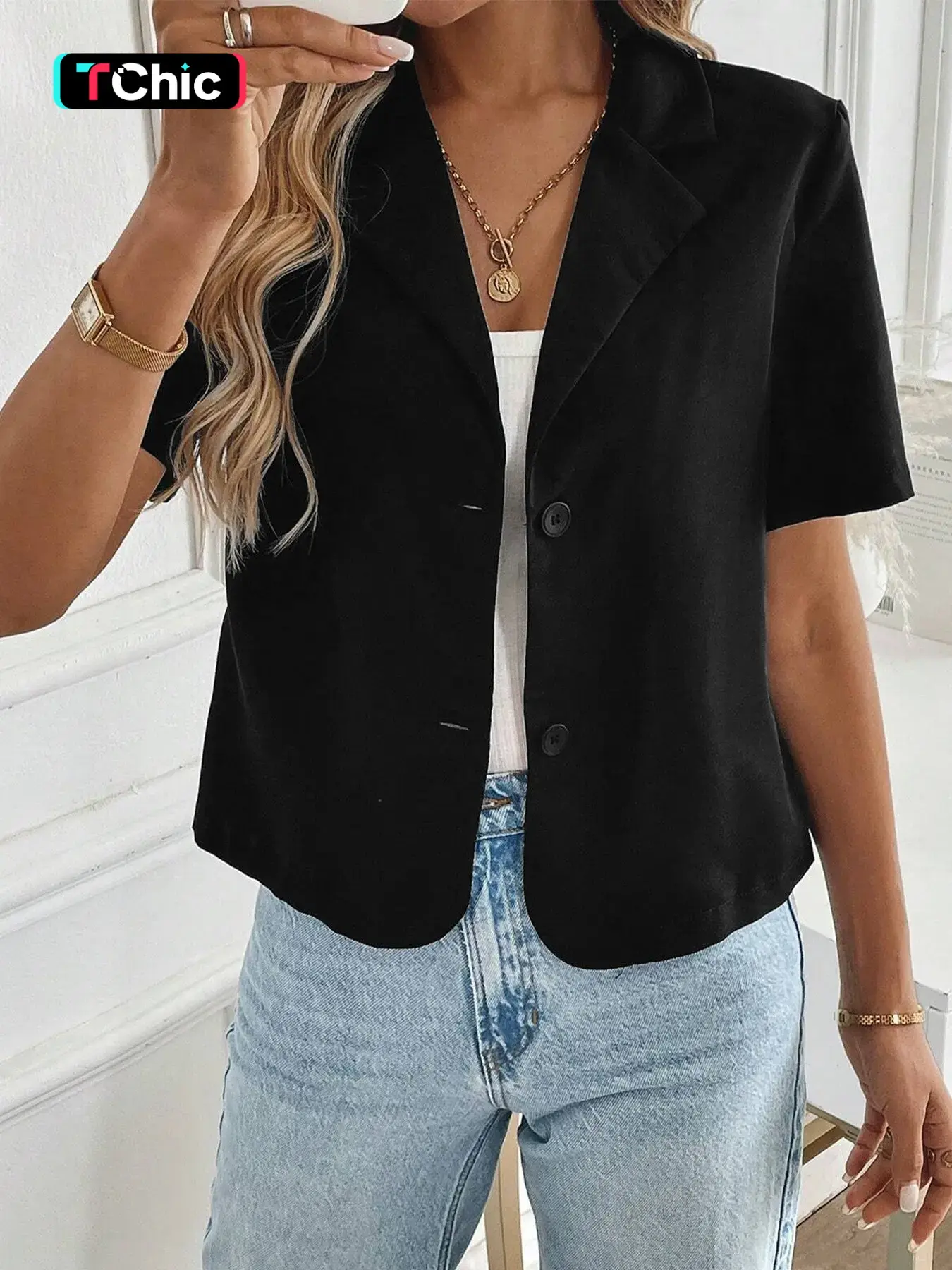 Women's Summer Lightweight Breathable Short Sleeve Button Blazer Jacket, Loose-Fitting Formal Outerwear for Office/work/commute, Plain Design, Basic