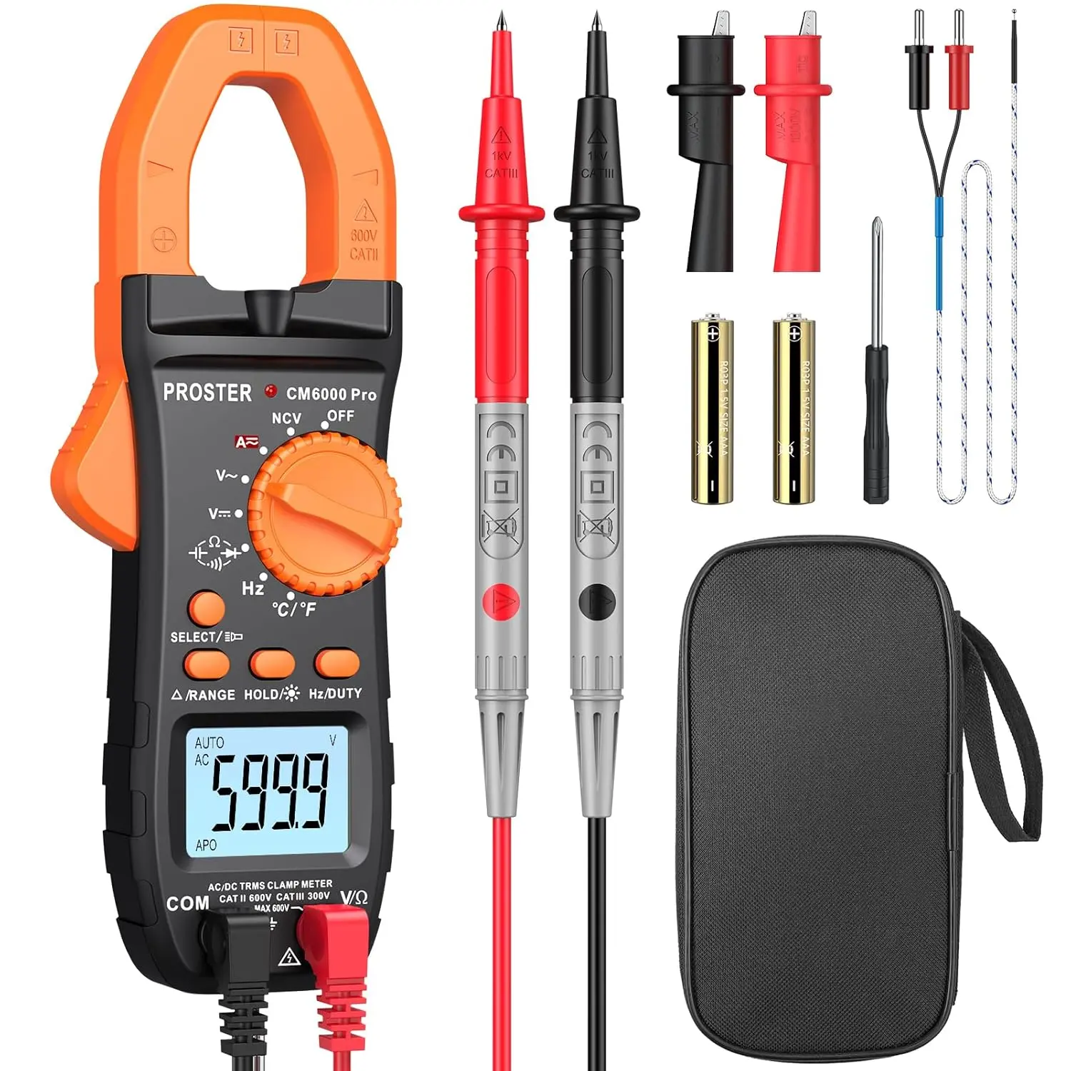 2026 Proster Digital Clamp Meter 6000 Count - 800A DC AC Current Ammeters AC/DC Voltage Multimter, TRMS NCV Continuity Capacitance Resistance Frequency Diode Hz Tester, with Test Leads, Alligator Clips