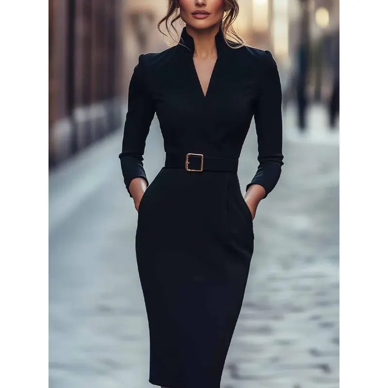 In stock 2026  independent station European and American cross-border TK elegant autumn long-sleeve pocket dress slim fit