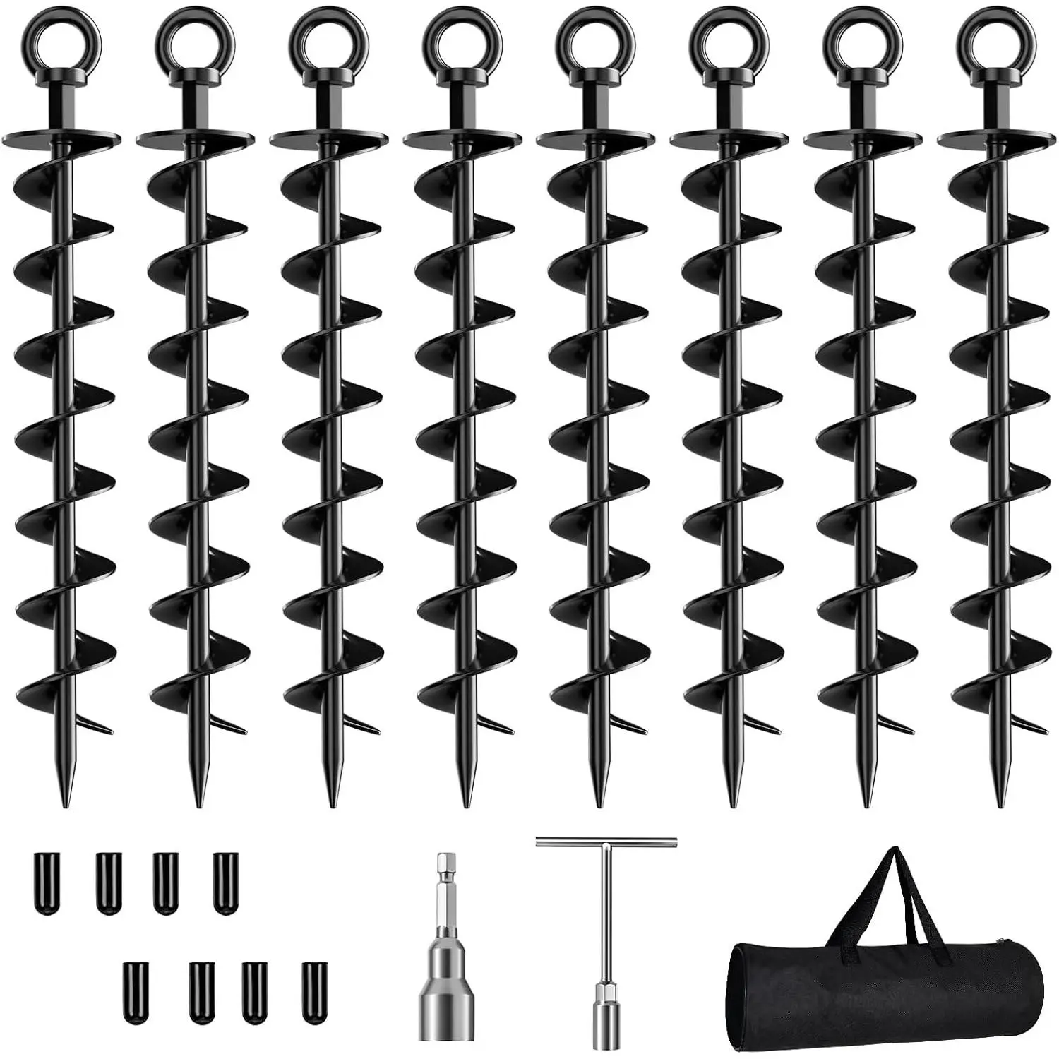 Ground Anchor Screw in, 8 Pack Spiral Trampoline Anchors with Nut and Tool Swing Set Anchors Tent Stakes High Wind Heavy Duty for Sheds, Carports, Mobile Home Black