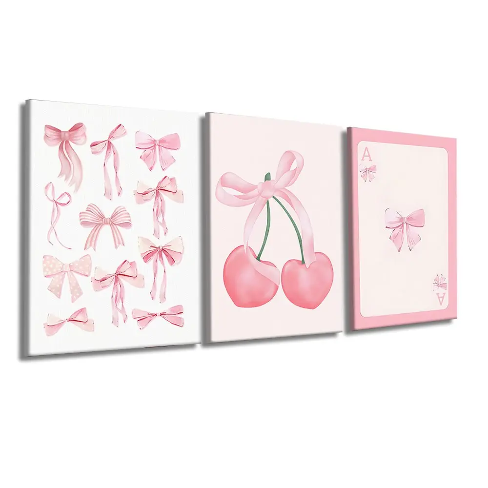 3 Pcs/Set Wooden-Framed Canvas Painting, Cute pink bow, cherry and poker card watercolor print, sweet coquette aesthetic wall decor for girl bedroom, dorm and vanity room decoration, Fashion Artistic Ornaments, Artwork