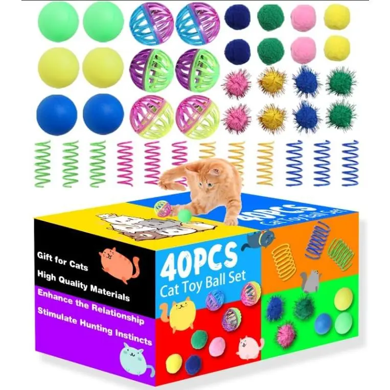 Toys for Indoor Cats 40 count Kitten Toys  Interactive Toys Pack Including Cats Springs Sparkle Ball Pom Pom Ball Jingle Balls Tracks Balls