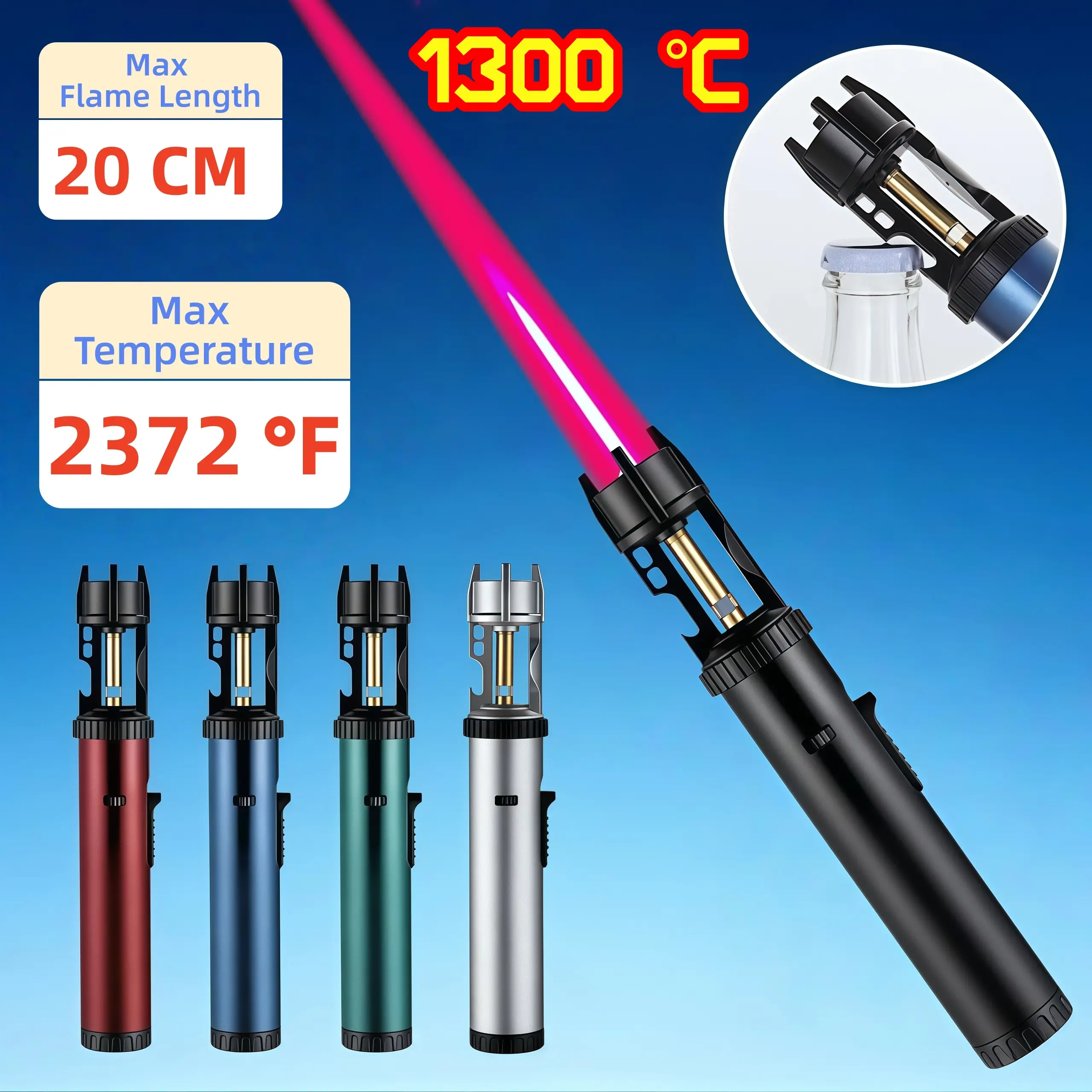 MaX 8-Inch Flame Kitchen Refillable Butane Torch Lighter With Safety & Flame Lock, Windproof Butane Lighter Blow Torch Lighter With Butane Tank Adapters Fit Different Butane Tanks, Jet Lighter With Adjustable Flame ( Butane Not Included )