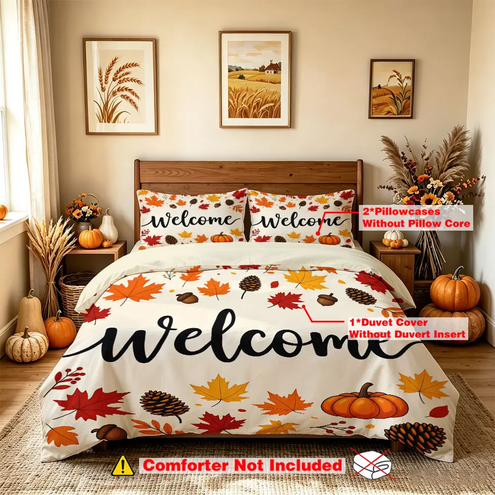 three-piece bedding set (1 bedspread + 2 pillowcases, without inner core) featuring large maple leaves, pumpkins, pine cones, and a Welcome slogan, suitable for hotels, dormitories, single beds, and other occasions. It is also a great decoration f
