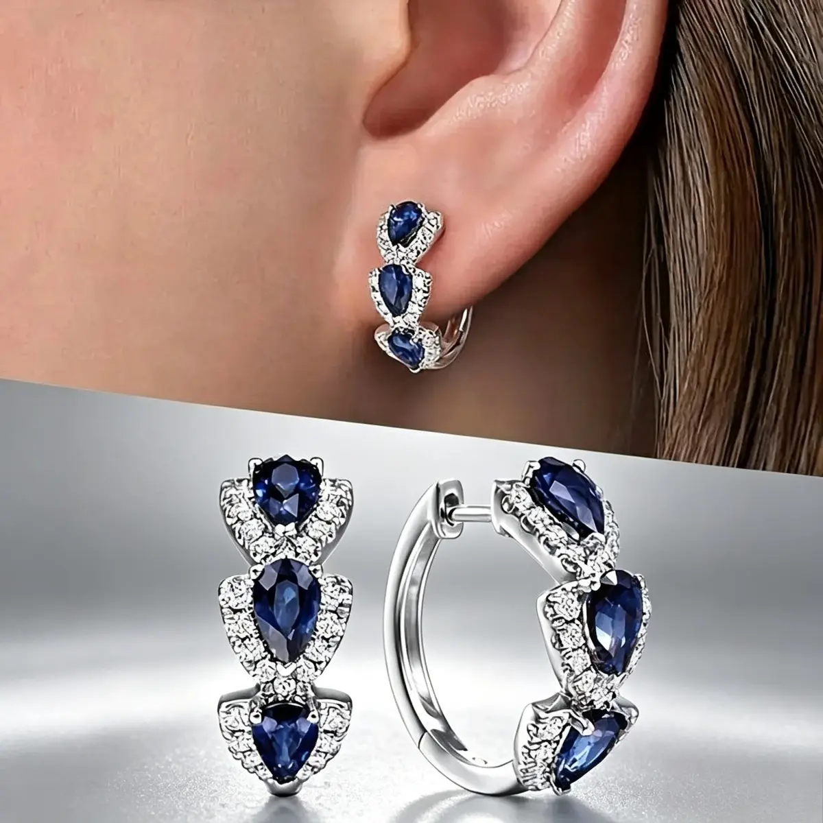 Huggie Earrings for Women, 925 Sterling Silver with Triple Pear Cut Synthetic Sapphire Halo, Secure Click Closure, September Birthstone Jewelry