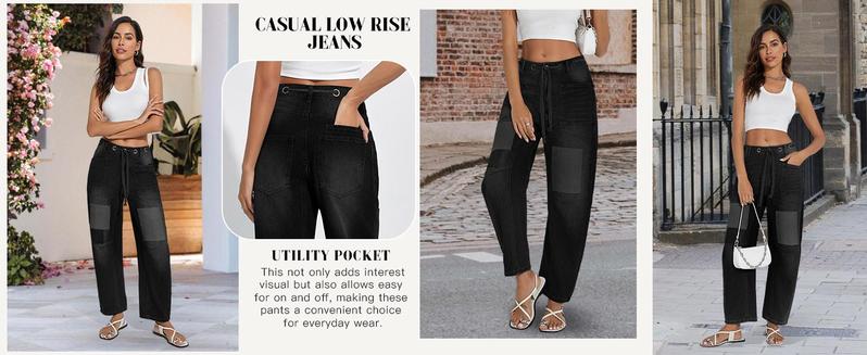 Imily Bela Womens Baggy Barrel Horseshoe Jeans Wide Leg Patchwork Low Rise Denim Pants with Pockets Casual & Formal Style