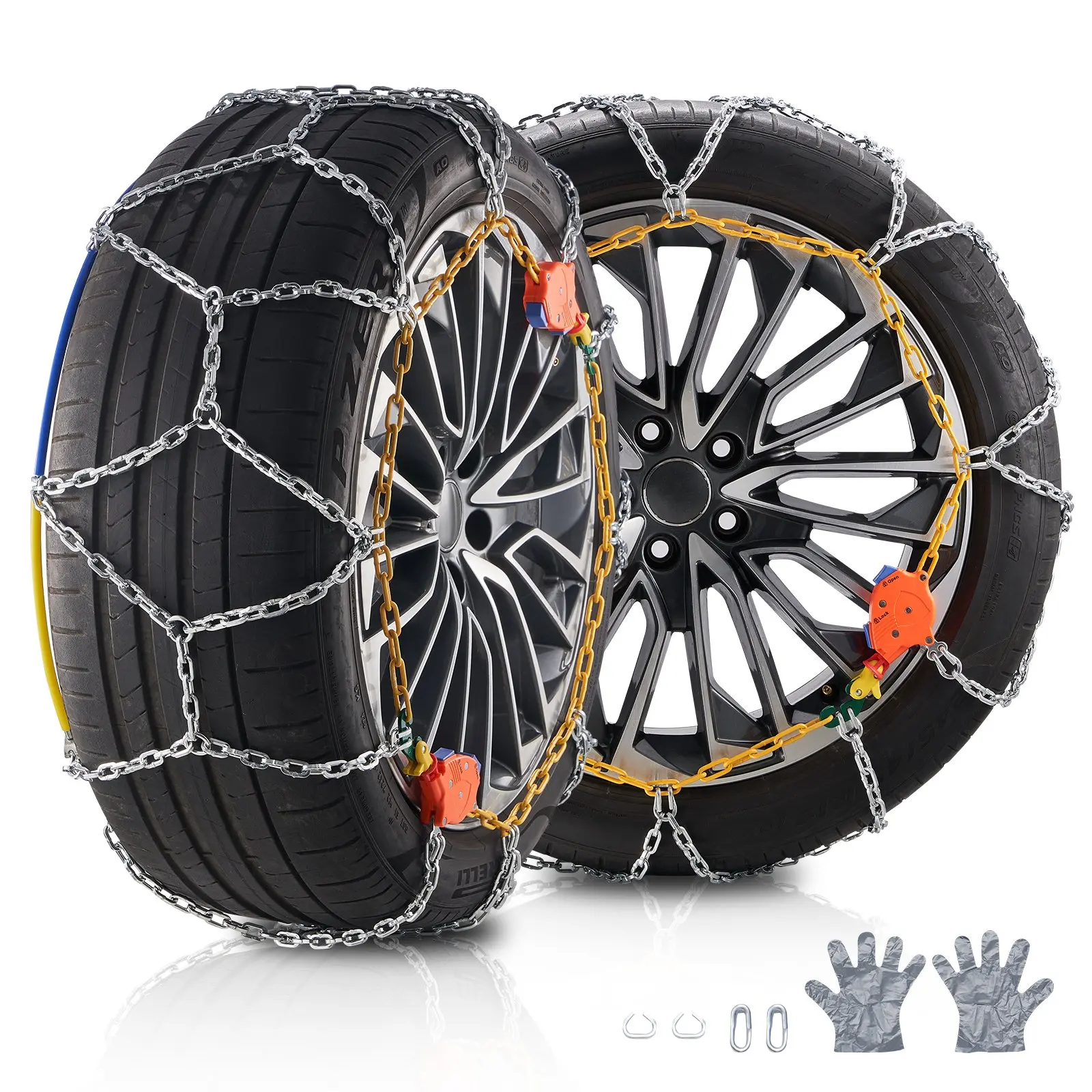 VEVOR Auto Tightening Snow Chains, Diamond Mesh Traction Wheel Chains for Anti-slip, Manganese Alloy Steel Emergency Tire Chains for Cars, Pickups, SUVs, and Trucks (Set of 2)