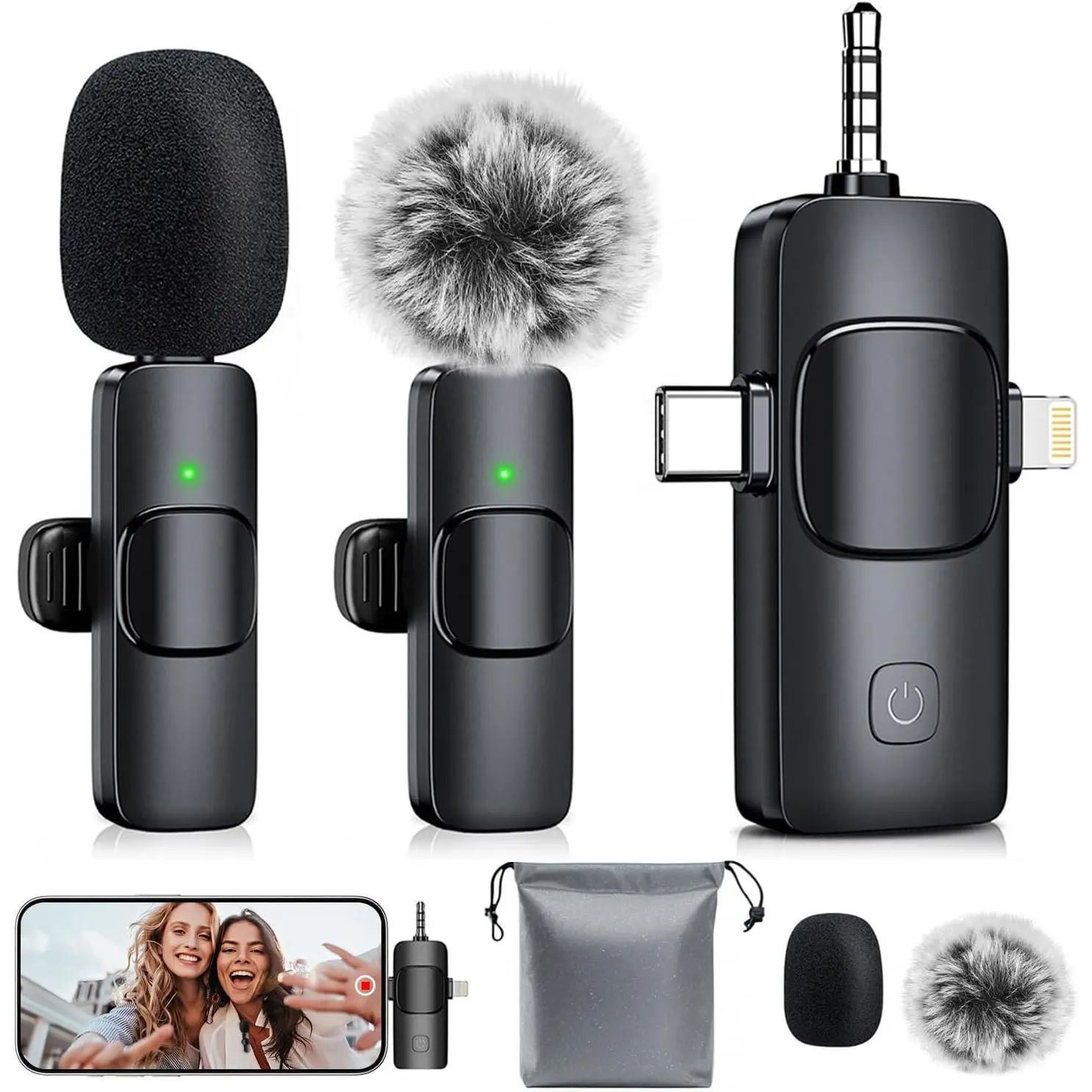 3-in-1 Mini Microphone for iPhone: Wireless Lavalier Microphones for iOS/Android/Camera - Noise Reduction Lapel Mic, Clip on Mic for Video Recording Vlog, YouTube