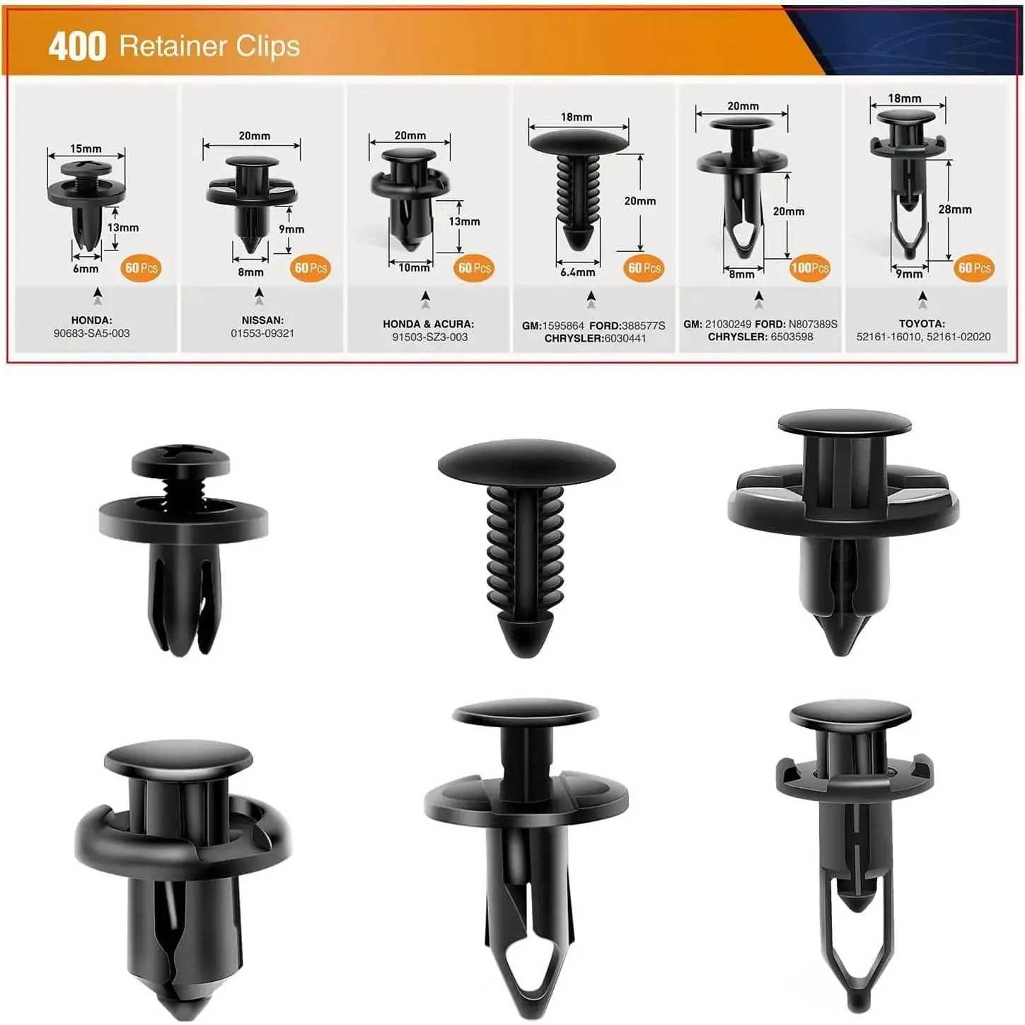 Nilight Durable Nylon Multi-Size Car Fastener Kit - 400 Pcs Universal Plastic Fender Clips, 6 Common Sizes with 60 Pcs 10mm Bumper Repair Clips, Easy Install for GM #21030249, GM/Ford/Chrysler, Father's Day Gift, 6 Most Common Sizes