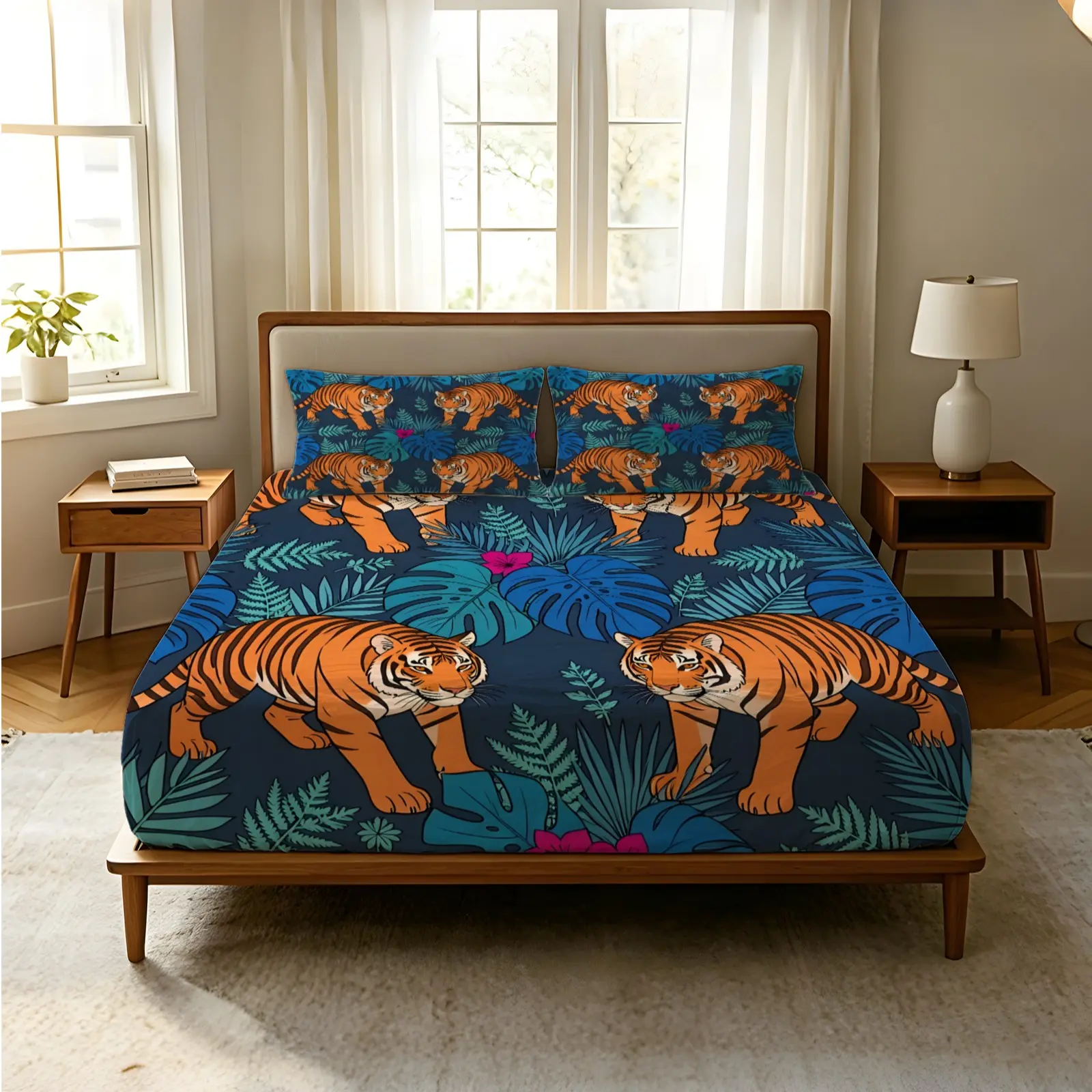 3-Piece Fitted Sheet Set with Tropical Jungle Tiger Illustration Print, Wear-Resistant Polyester Fabric, Full-Wrap Elastic Mattress Protection Design, Suitable for All Scenarios and All People, All-Season Universal Bedroom Soft Furnishings