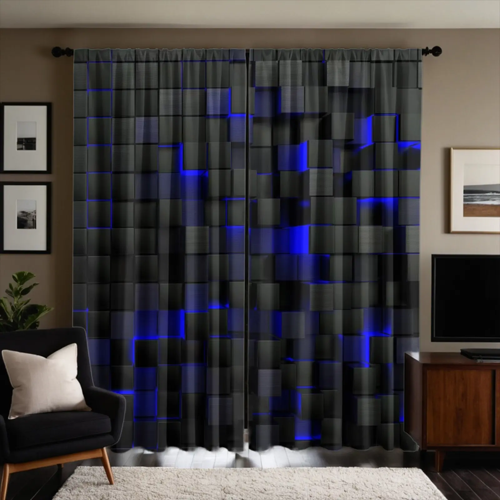 2pcs3D Stereoscopic Gray Black Cube Neon Blue Luminous Line Geometric Pattern Printed Curtain, Brushed Fabric Semi Blackout Curtain (Considering Privacy Protection), Fade Resistant, Pole Style Design; For Bedroom And Living Room Decor. Machine Washable