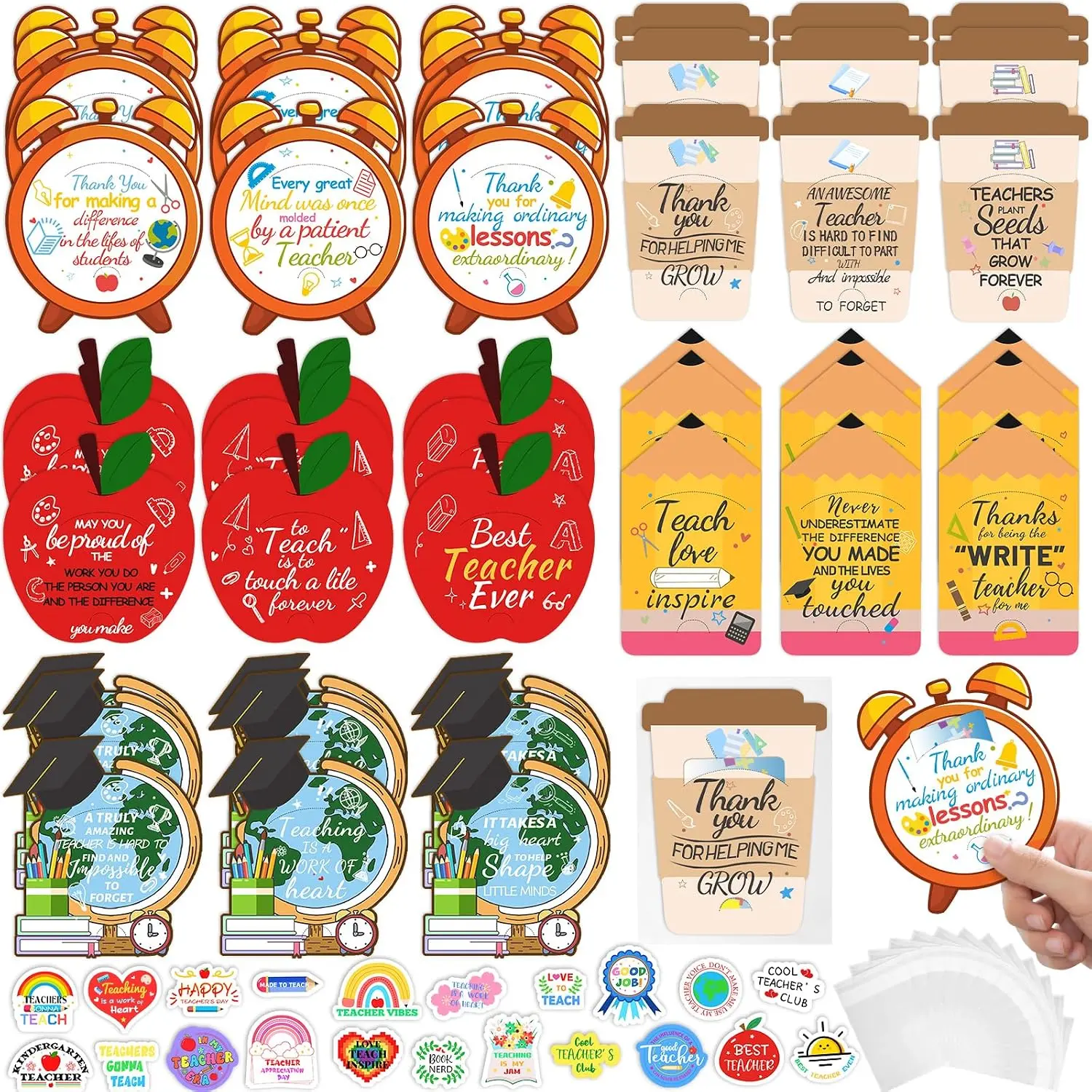 45 count 15 Styles Teacher Appreciation  Card Holders Bulk with 100 Styles Teacher Stickers–End of School Year Gifts Thank You Cards for Teachers  to School or Teacher Appreciation Week Supplies