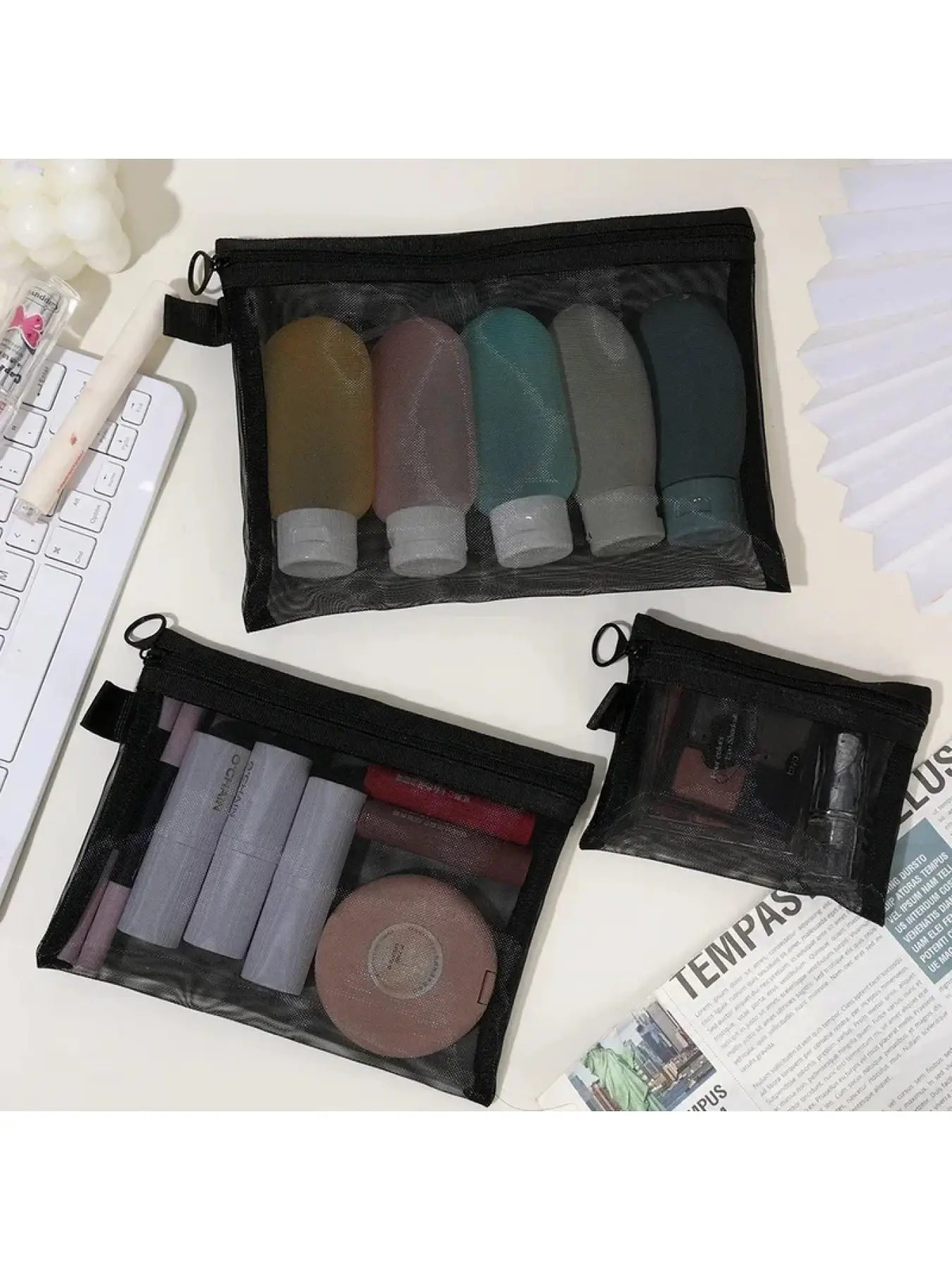3-piece mesh transparent makeup bag set, small, medium and large black cosmetic pouches, portable travel toiletry storage case, lipstick and stationery storage bags