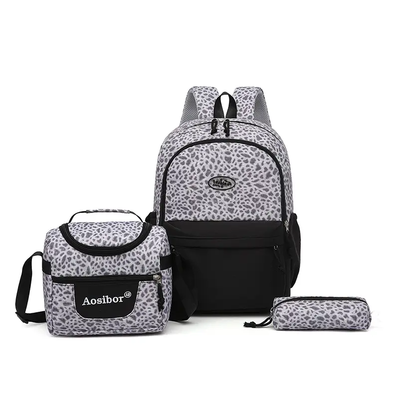 2026 New Leopard Print Three-Piece Backpack Set, Large Capacity Lightweight School Bag for Middle School Students, Includes Pencil Case and Lunch Bag