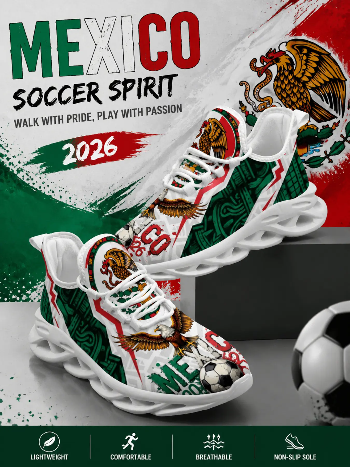 Mexican flag Printed sports leather board shoe Popular Eagle Standard Personalized Design abstract art Boys Girls Comfortable Versatile For Daily Outings Campus Wear Light Sports Shoes Man Woman Low Top Shoes Holiday Gifts Four Seasons Fashion