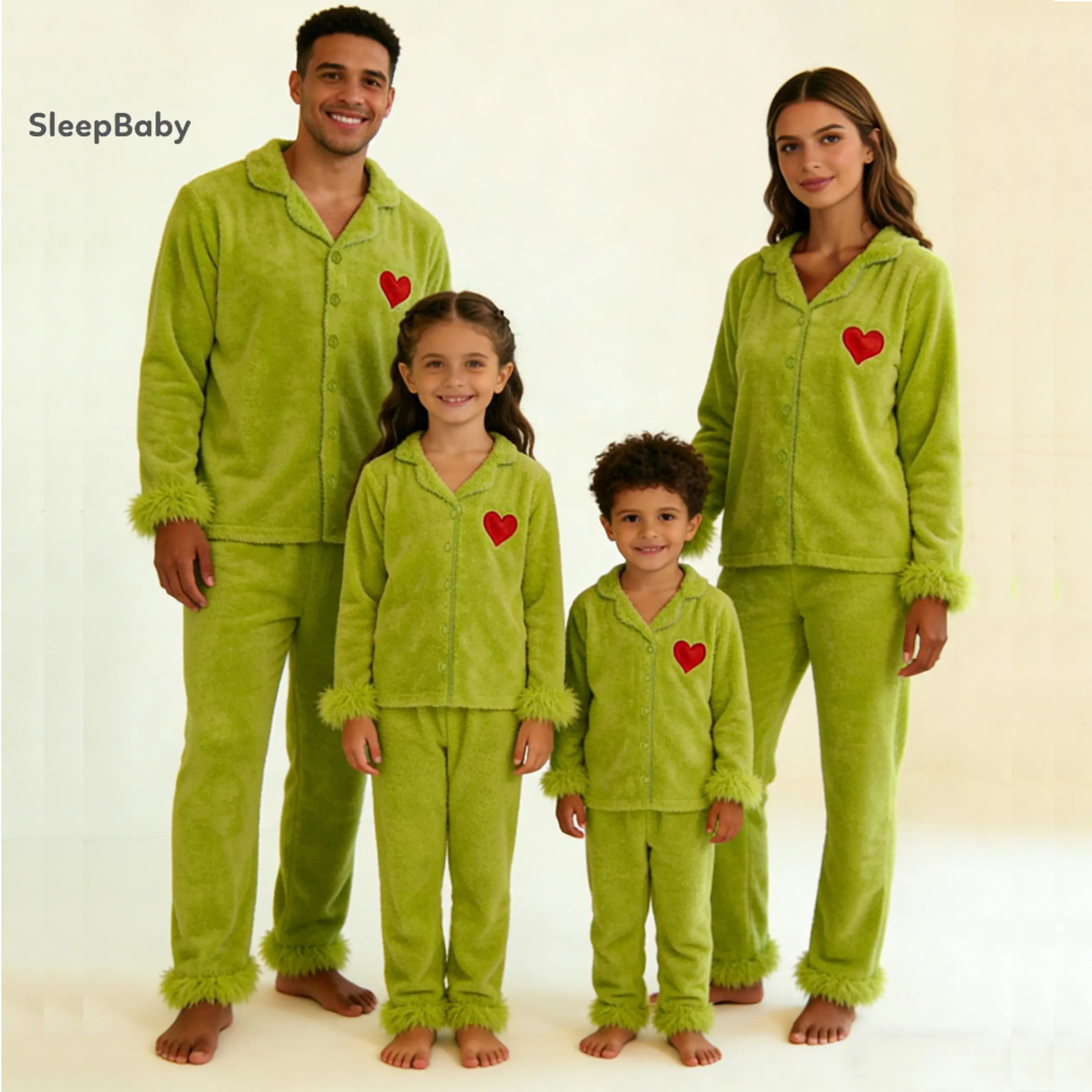 Christmas Matching Family Pajama 2 Piece Set Soft Thick Coral Fleece Lime Green Notched Lapel Button Down Top Red Heart Embroidery Fuzzy Feather Trim Cuff Elastic Straight Pants