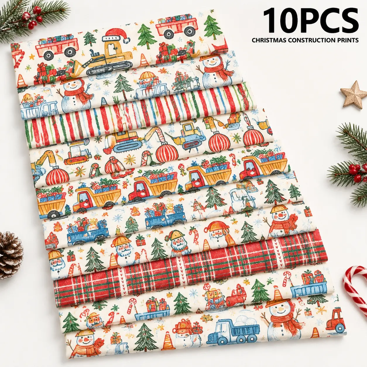 10Pcs Set Construction Christmas Fabric, Home Textile, 9×22 Inch Cartoon Construction Vehicle, Santa, Snowman Xmas Pattern, 100% Polyester Fabric, Handmade Sewing Fabric for DIY Crafts, Gift Wrapping, Holiday Home Decor, Must-have for Craft Lovers